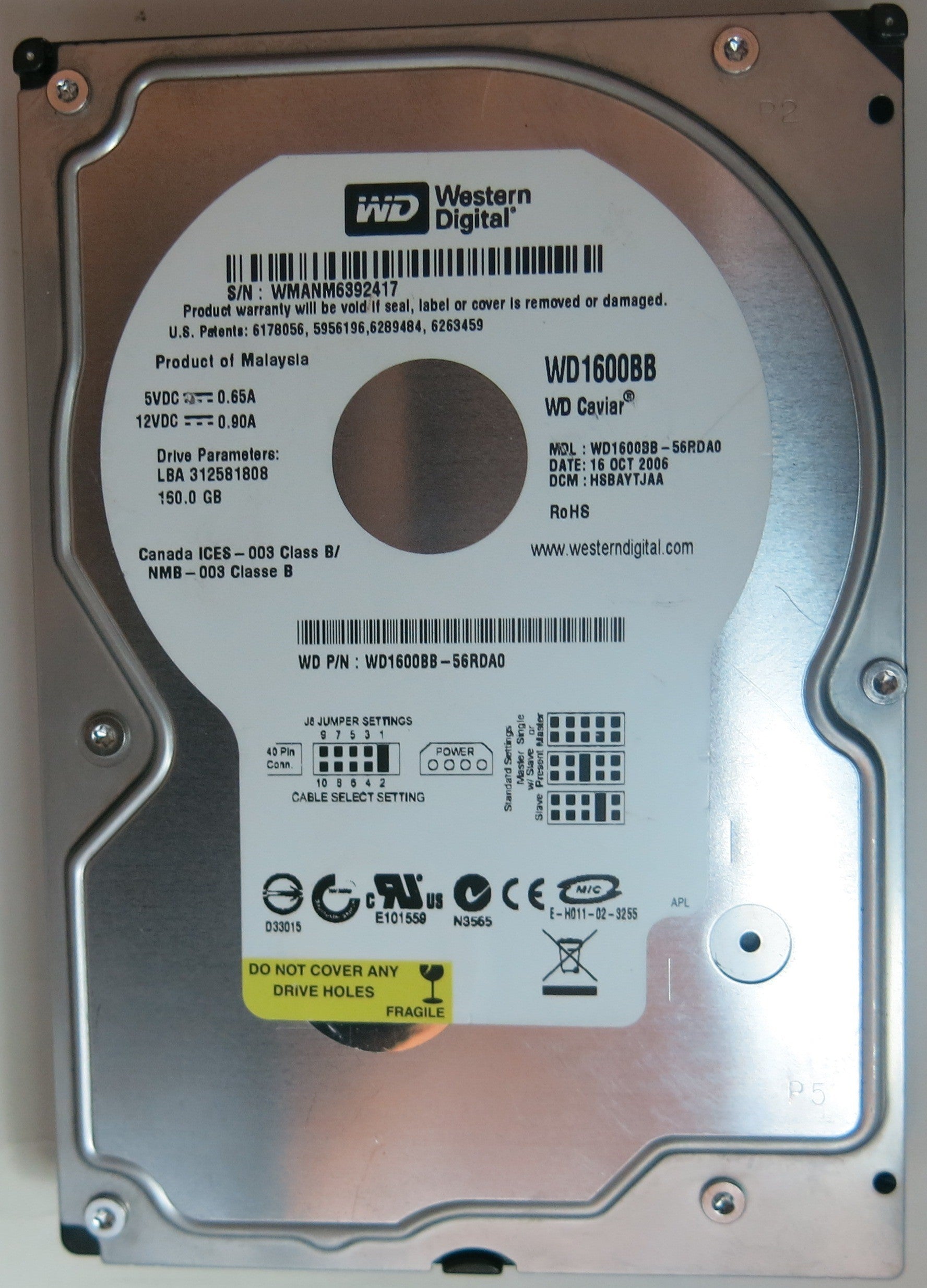 WD1600BB-56RDA0 PCB: 2060-701292-002 REV A SERIAL NUMBER: WMANM6392417 DCM HSBAYTJAA 160GB