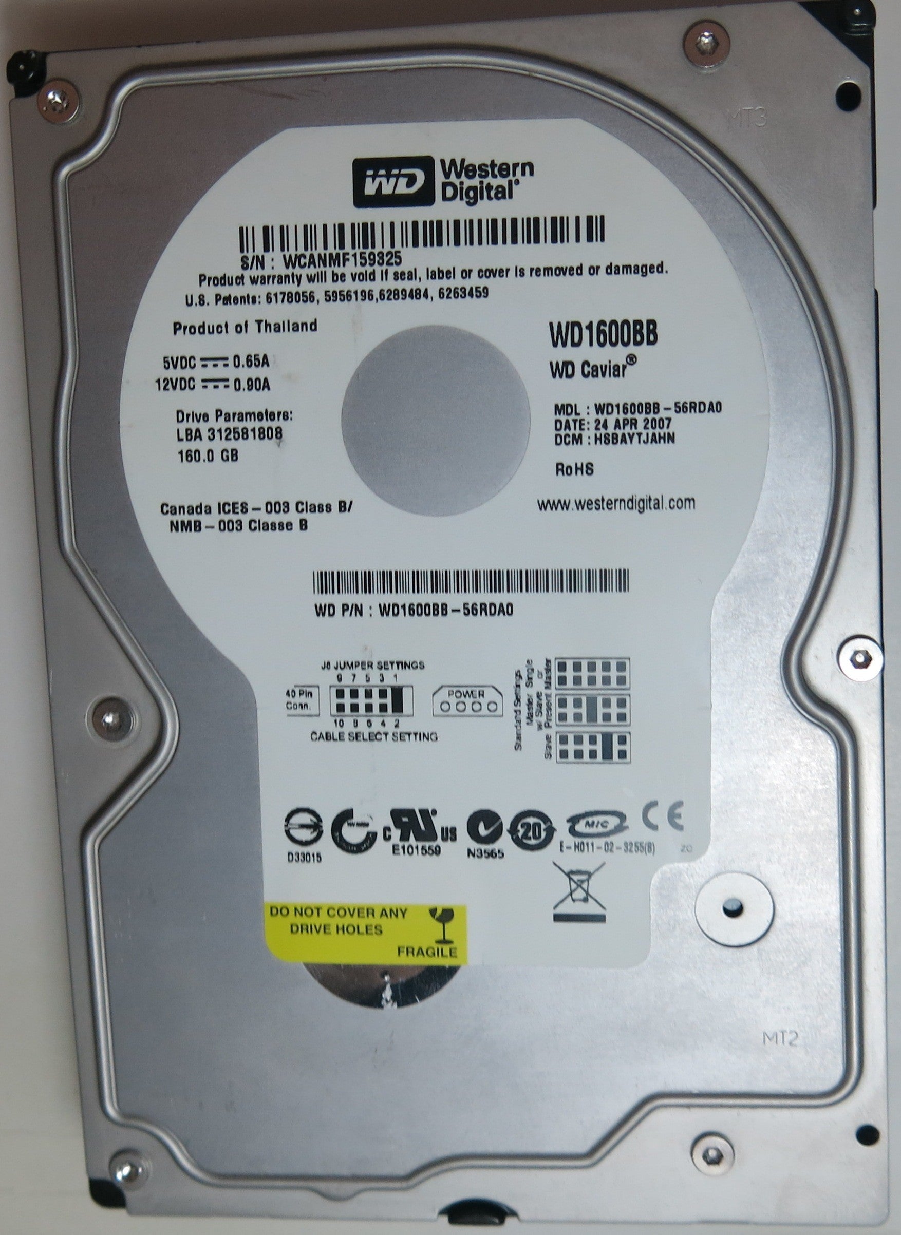 WD1600BB-56RDA0 PCB: 2060-701292-002 REV A SERIAL NUMBER: WCANMF159325 DCM HSBAYTJAHN 160GB