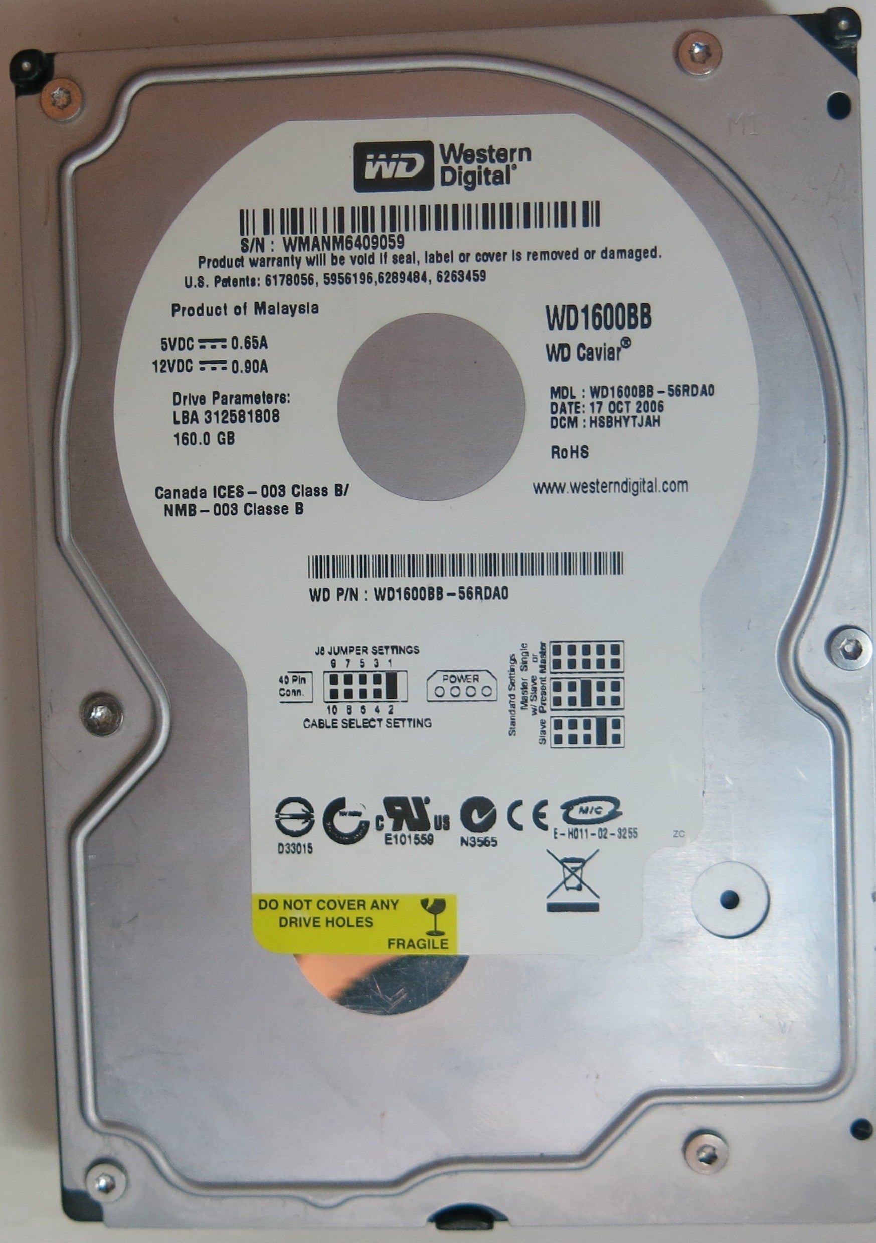 WD1600BB-56RDA0 PCB: 2060-701292-002 REV A SERIAL NUMBER: WMANM6409059 DCM HSBHYTJAH 160GB
