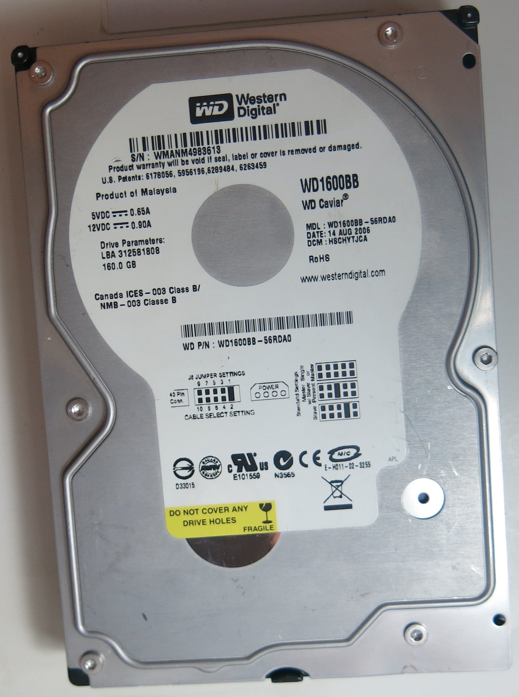 WD1600BB-56RDA0 PCB: 2060-701292-002 REV A SERIAL NUMBER: WMANM4983613 DCM HSCHYTJCA 160GB
