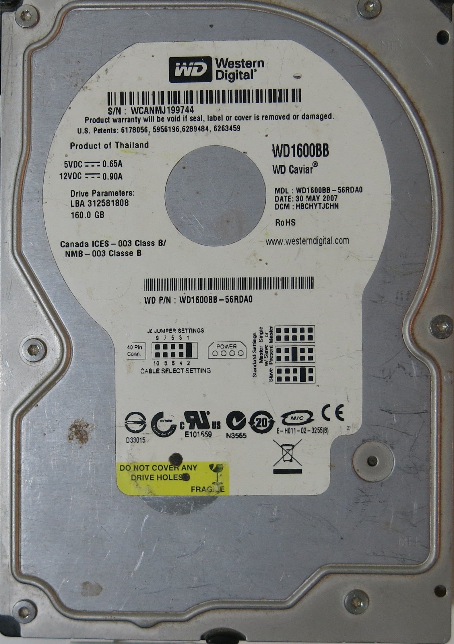 WD1600BB-56RDA0 PCB: 2060-701292-002 REV A SERIAL NUMBER:  WCANMJ199744 160GB