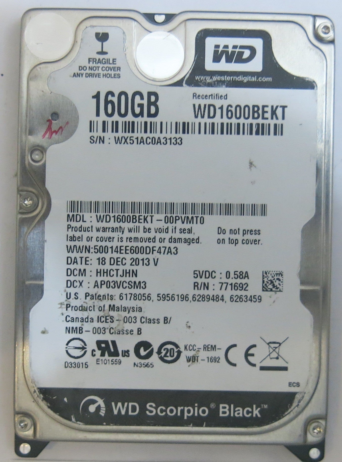 WESTERN DIGITAL WD1600BEKT-00PVMT0 2060-771692-005 REV A PCB