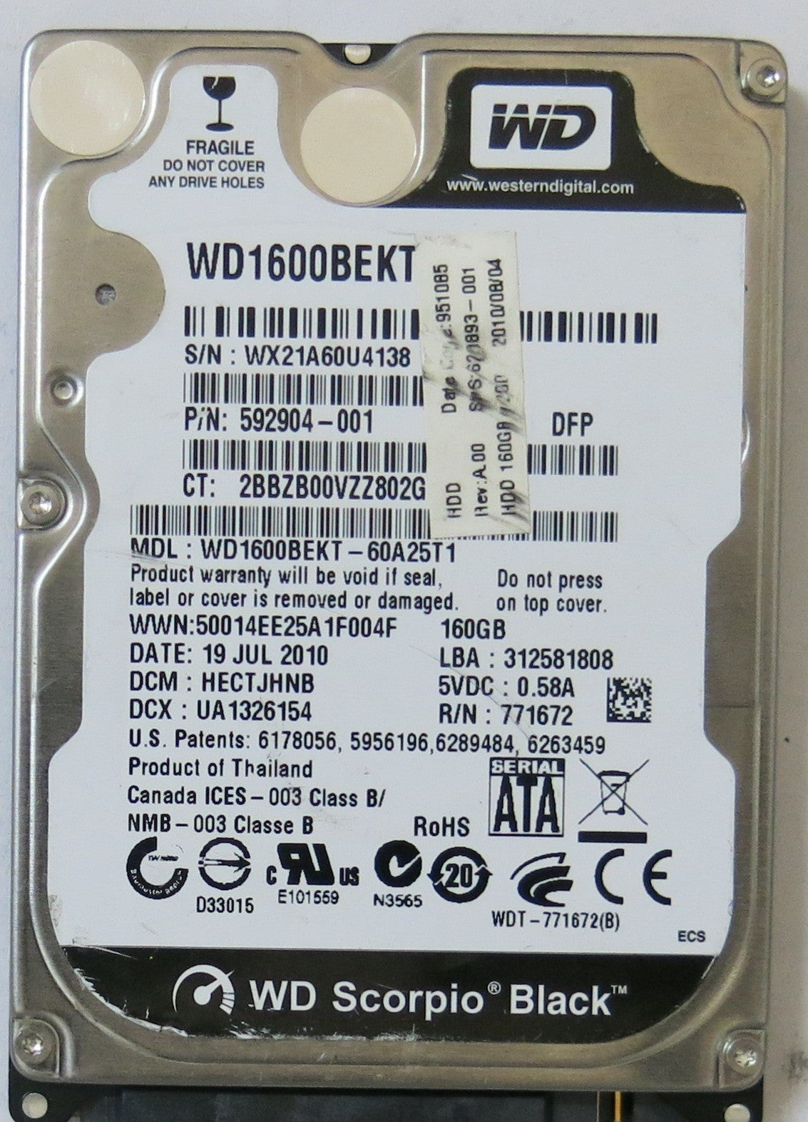 WD1600BEKT-60A25T1 , PCB: 2060-771672-004 REV A, SERIAL NUMBER: WX21A60U4138, FW HECTJHNB, 160-GB