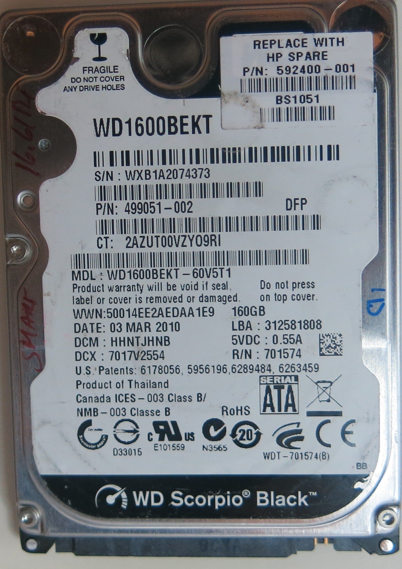 WD1600BEKT-60V5T1 PCB: 2060-771575-001 REV P1 SERIAL NUMBER: WXB1A2074373 DCM HHNTJHNB 160GB