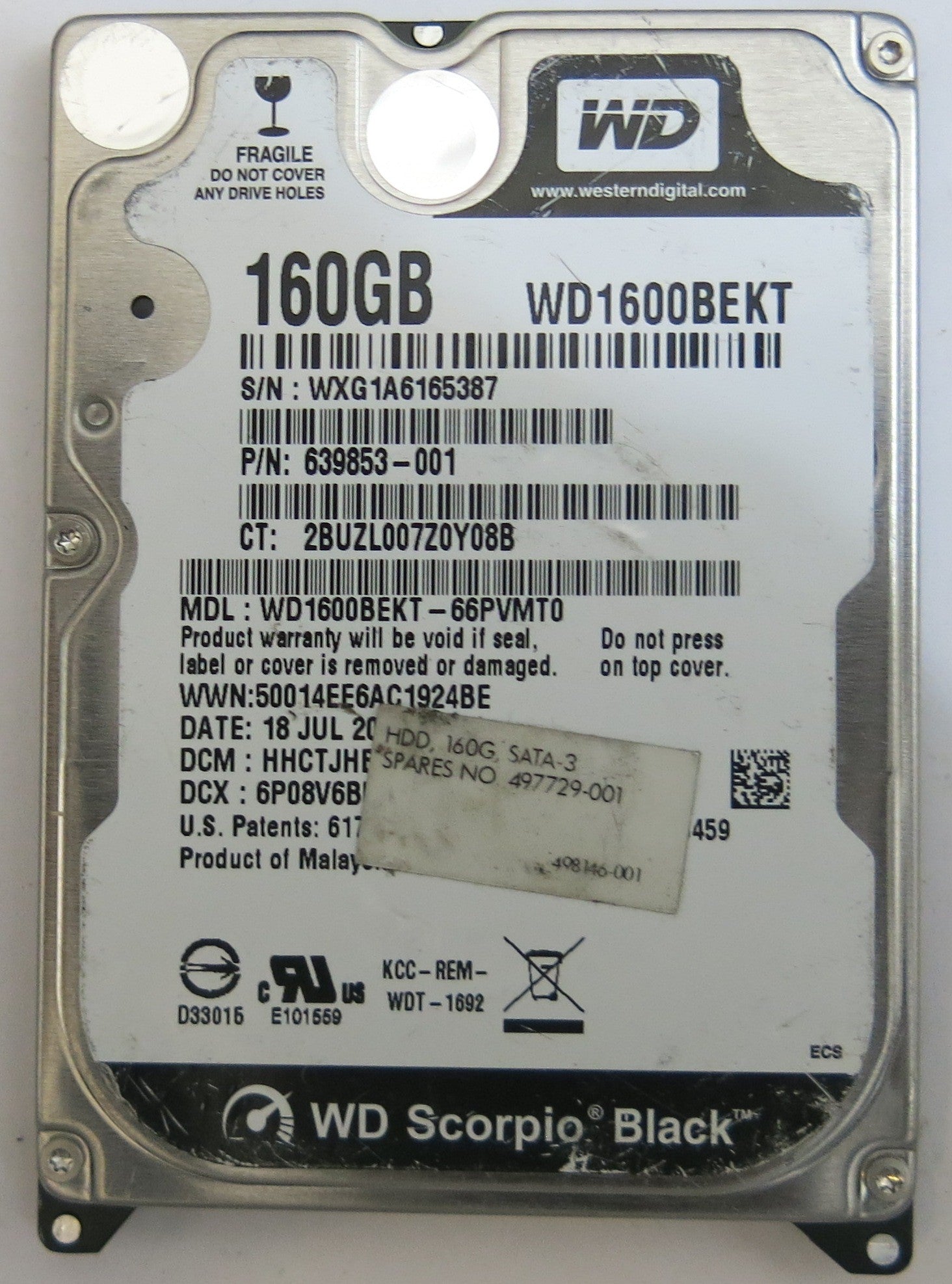 WESTERN DIGITAL WD1600BEKT-66PVMTO 2060-771692-006 REV P1 PCB