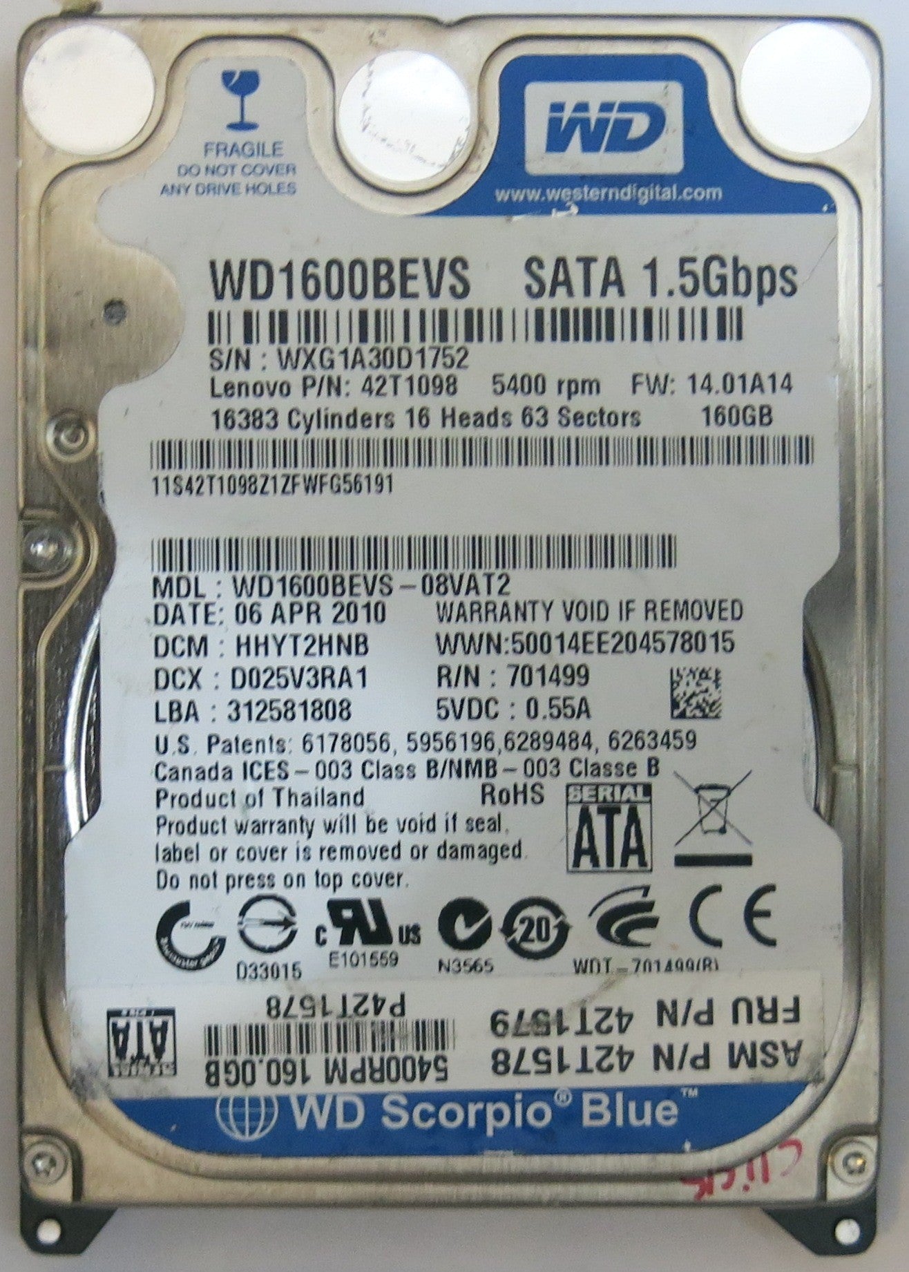 WESTERN DIGITAL WD1600BEVS-08VAT2 2060-701499-005 REV P1 PCB