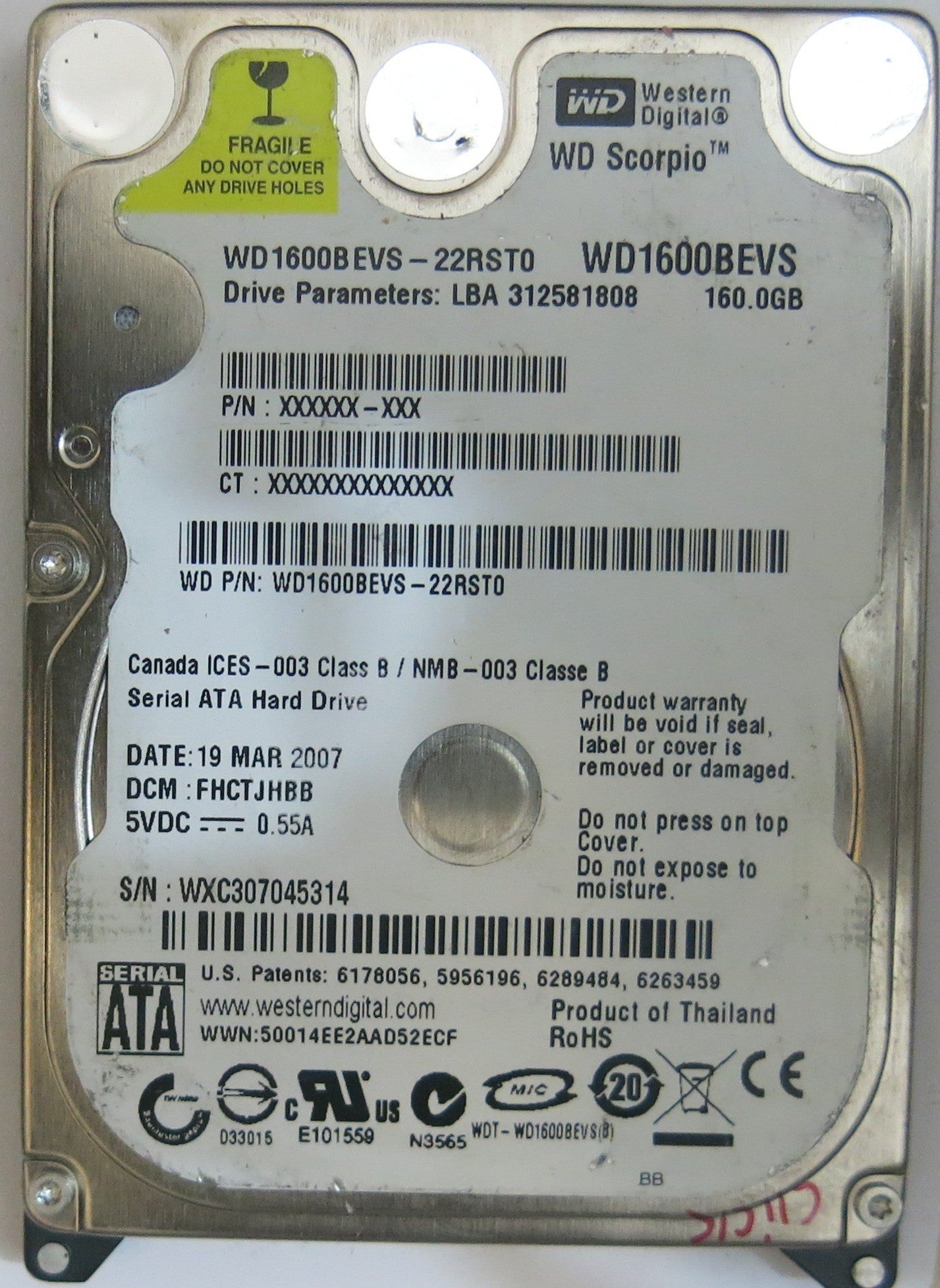 WESTERN DIGITAL WD1600BEVS-22RST0 2060-701450-011 REV A PCB