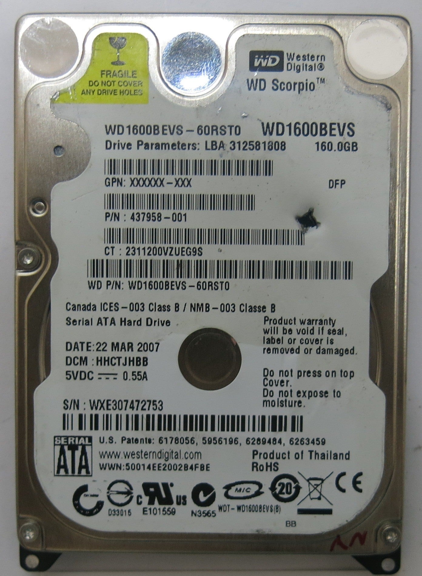 WESTERN DIGITAL WD1600BEVS-60RST0 2060-701450-011 REV A PCB