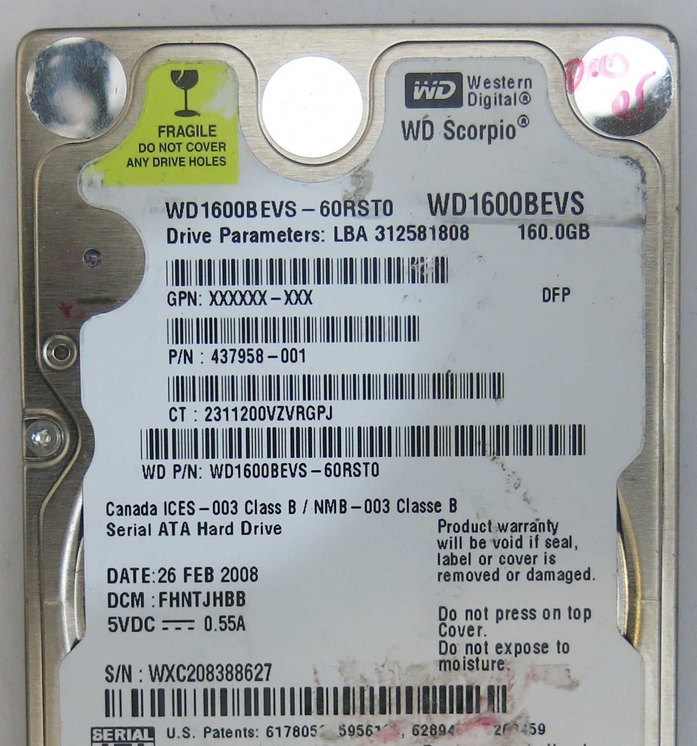 WESTERN DIGITAL WD1600BEVS-60RST0 2060-701450-011 REV A PCB