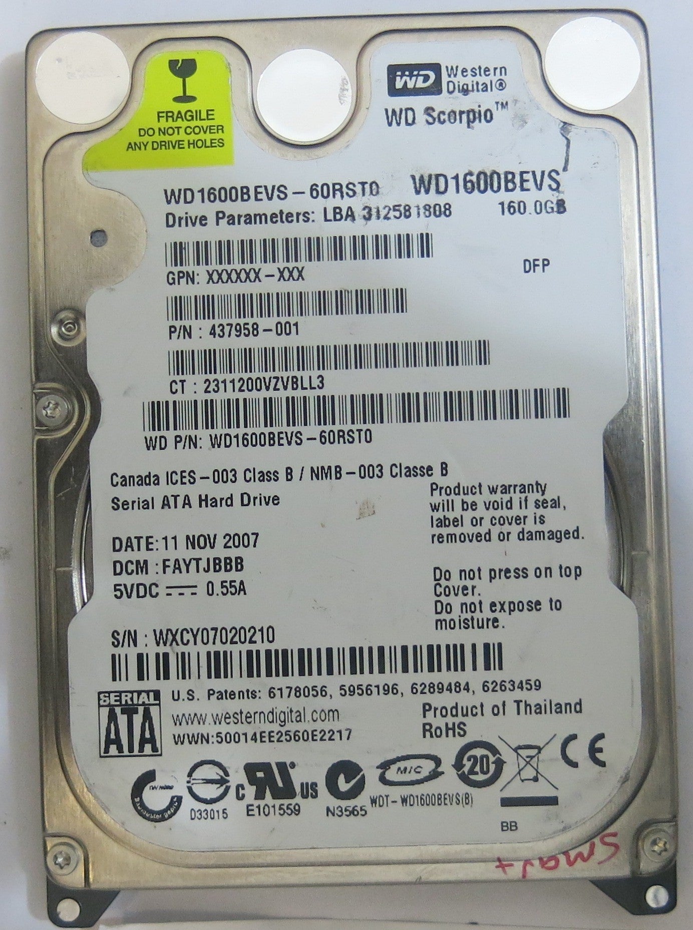 WESTERN DIGITAL WD1600BEVS-60RST0 2060-701450-011 REV A PCB