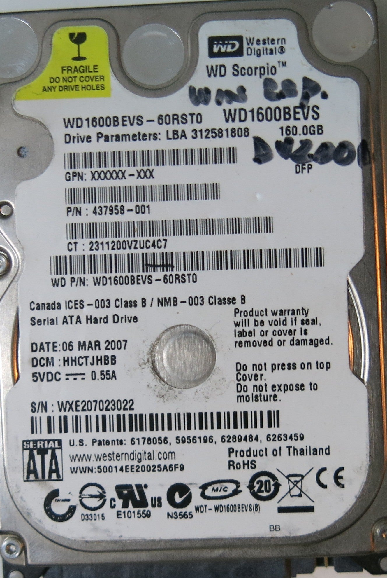 WD1600BEVS-60RST0 PCB 2060-701450-011 REV A,  160.GB