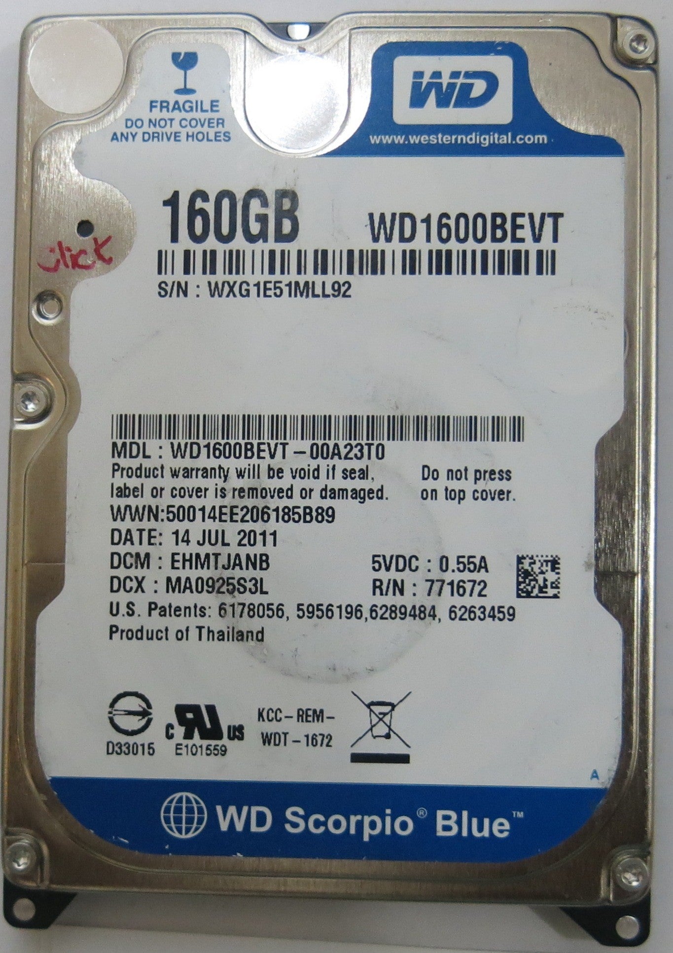 WESTERN DIGITAL WD1600BEVT-00A23T0 2060-771672-004 REV A PCB