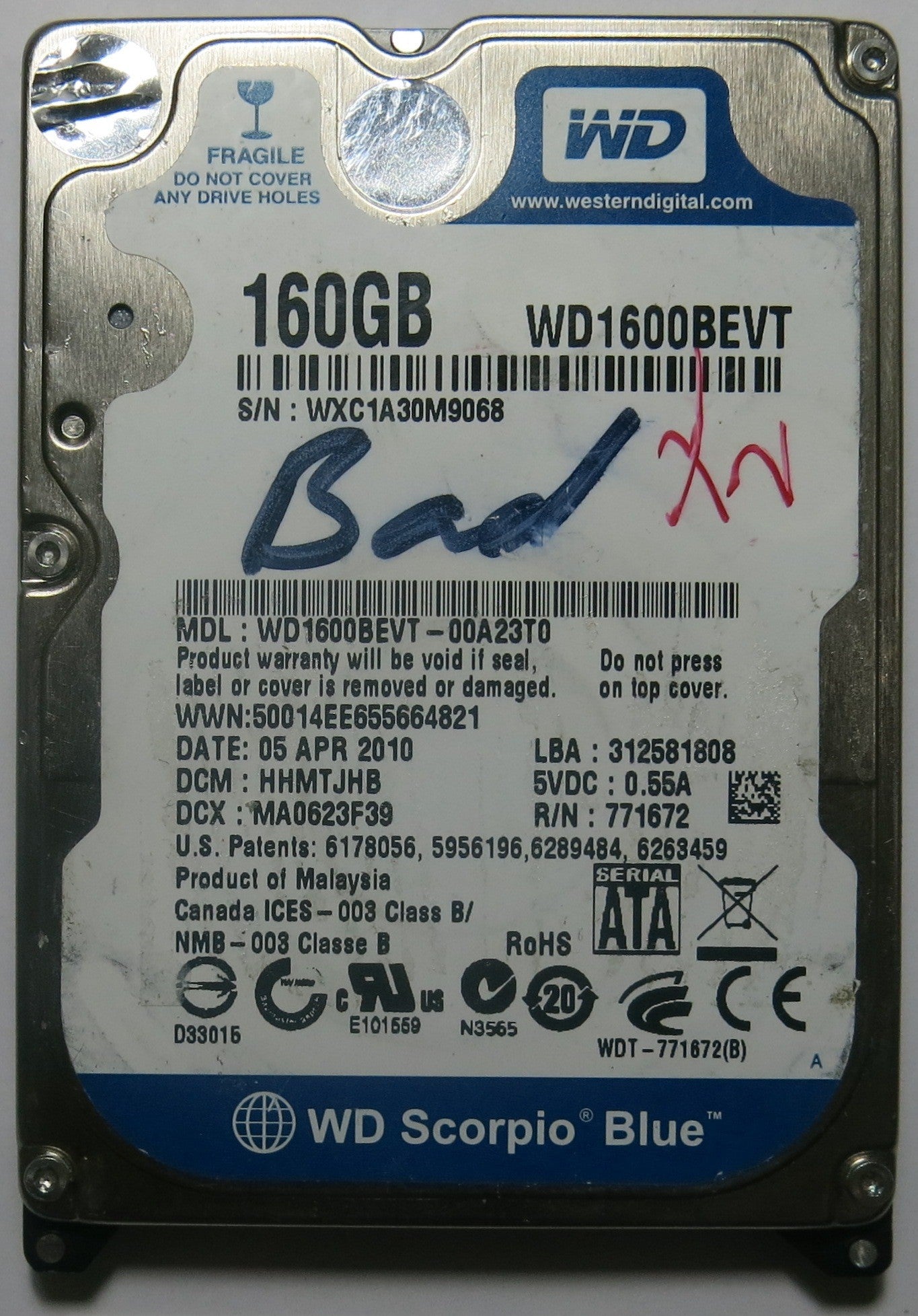 WESTERN DIGITAL WD1600BEVT-00A23T0 2060771672-004 REV A PCB