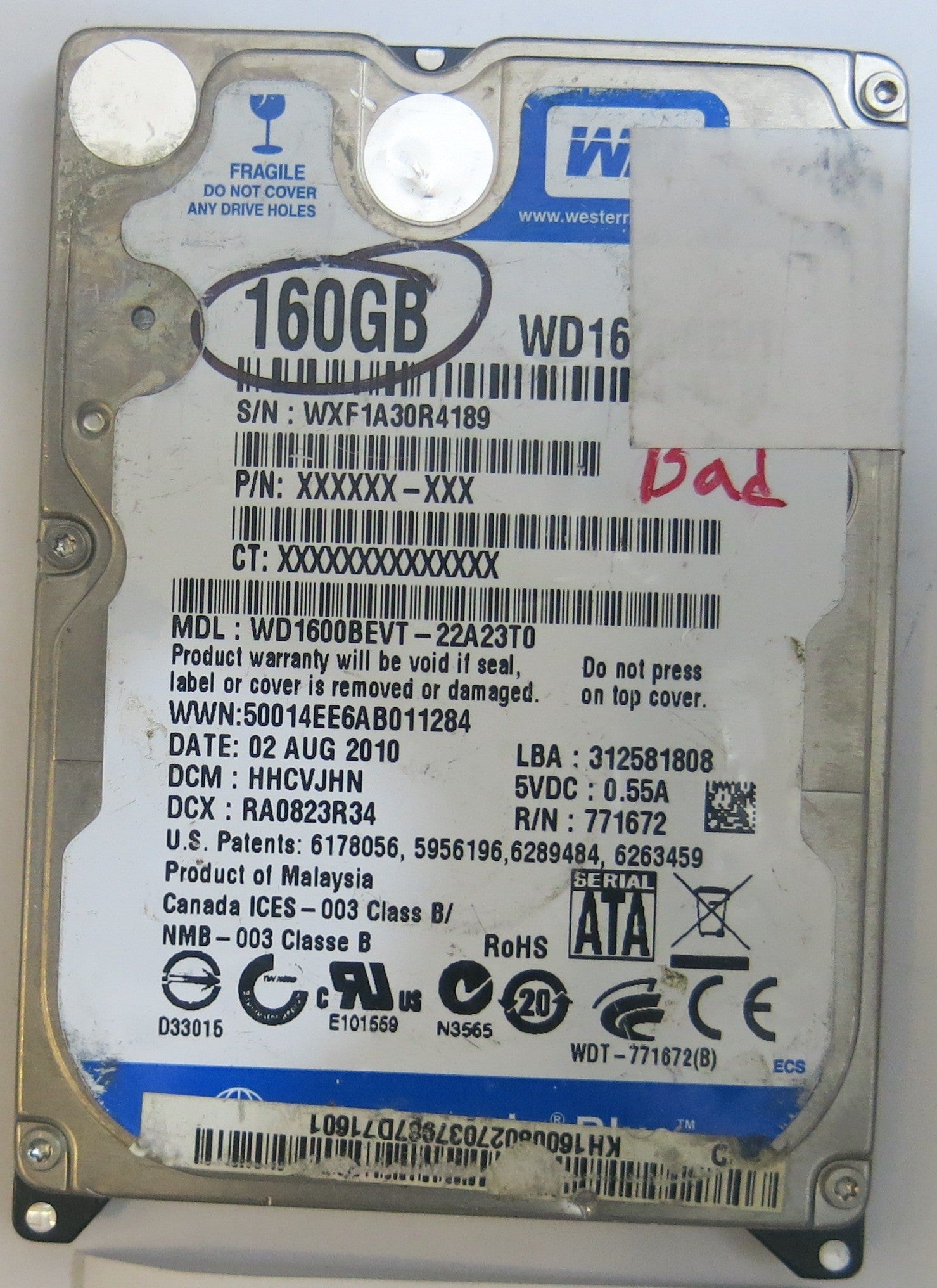 WESTERN DIGITAL WD1600BEVT-22A23T0 2060-771672-004 REV A PCB