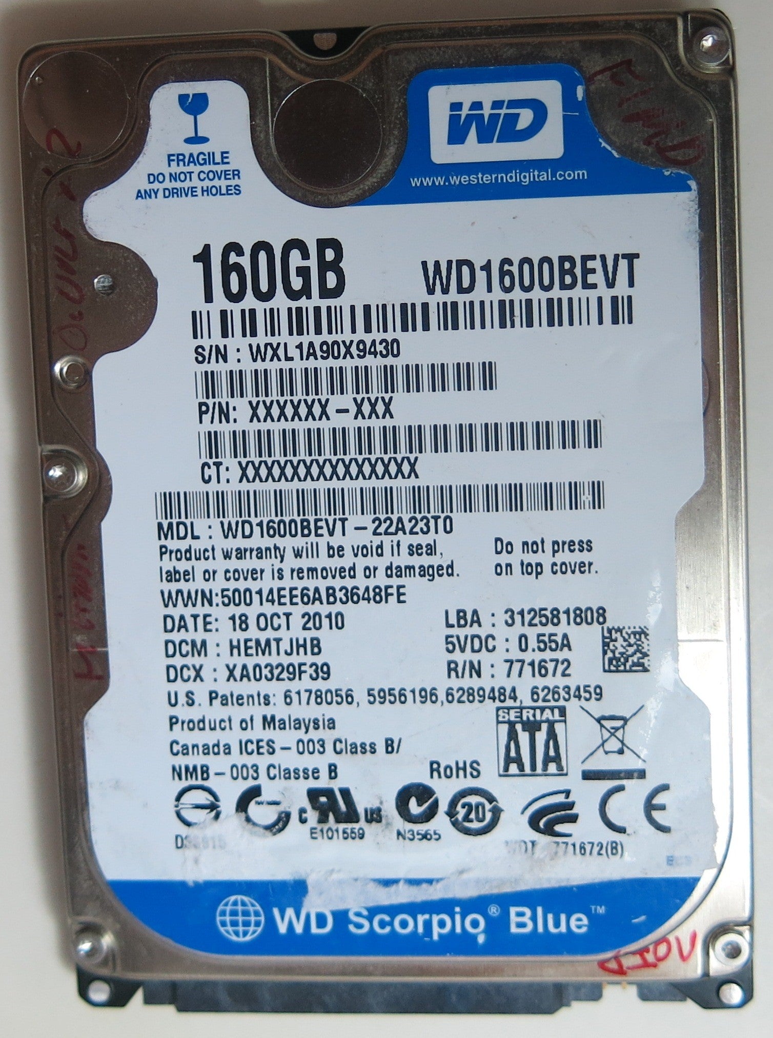 WD1600BEVT-22A23T0 PCB: 2060-771672-004 SERIAL NUMBER:  WXL1A90X9430 DCM HEMTJHB 160GB --