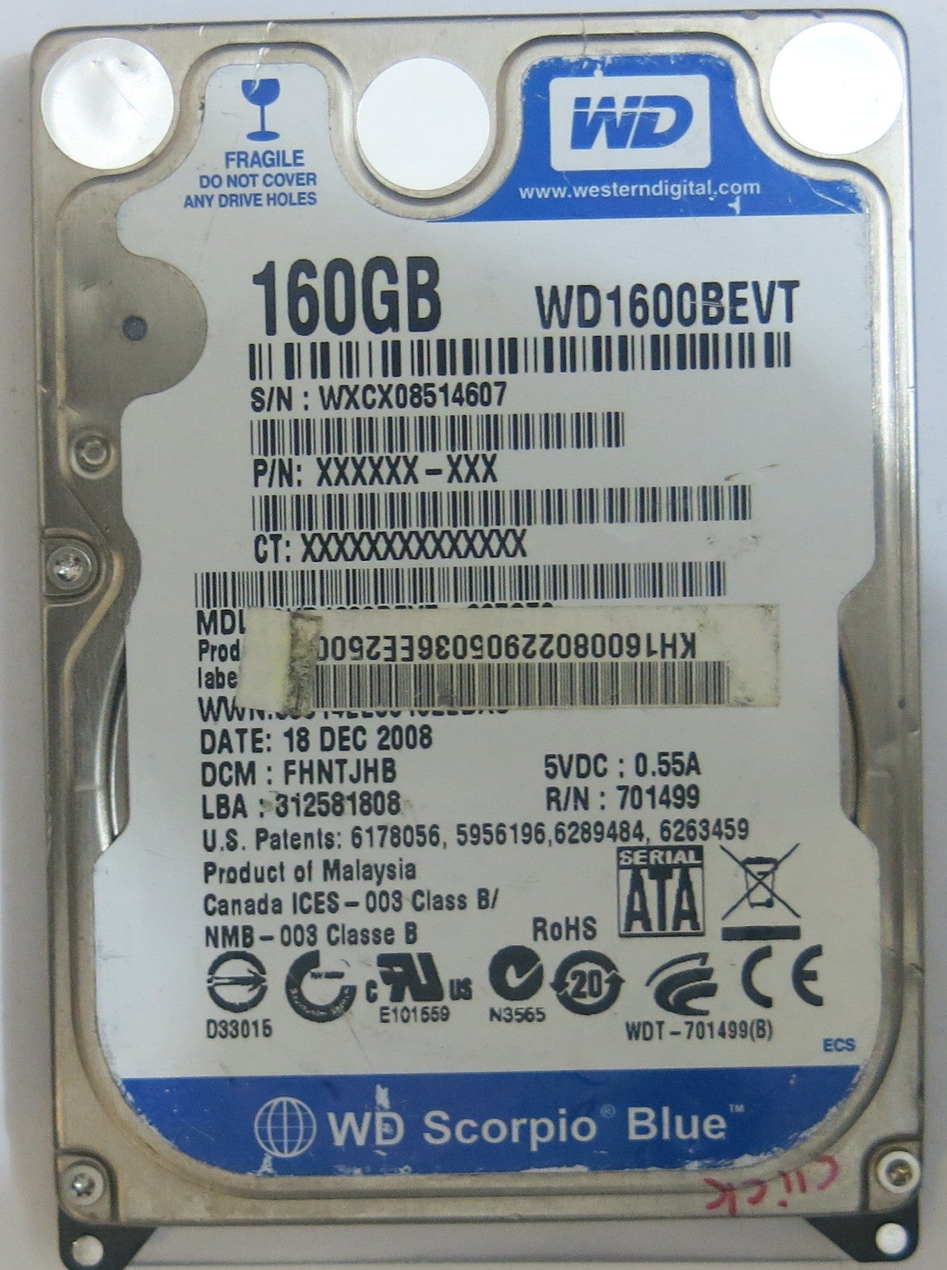 WESTERN DIGITAL WD1600BEVT-22ZCT0 2060-701499-000 REV A PCB