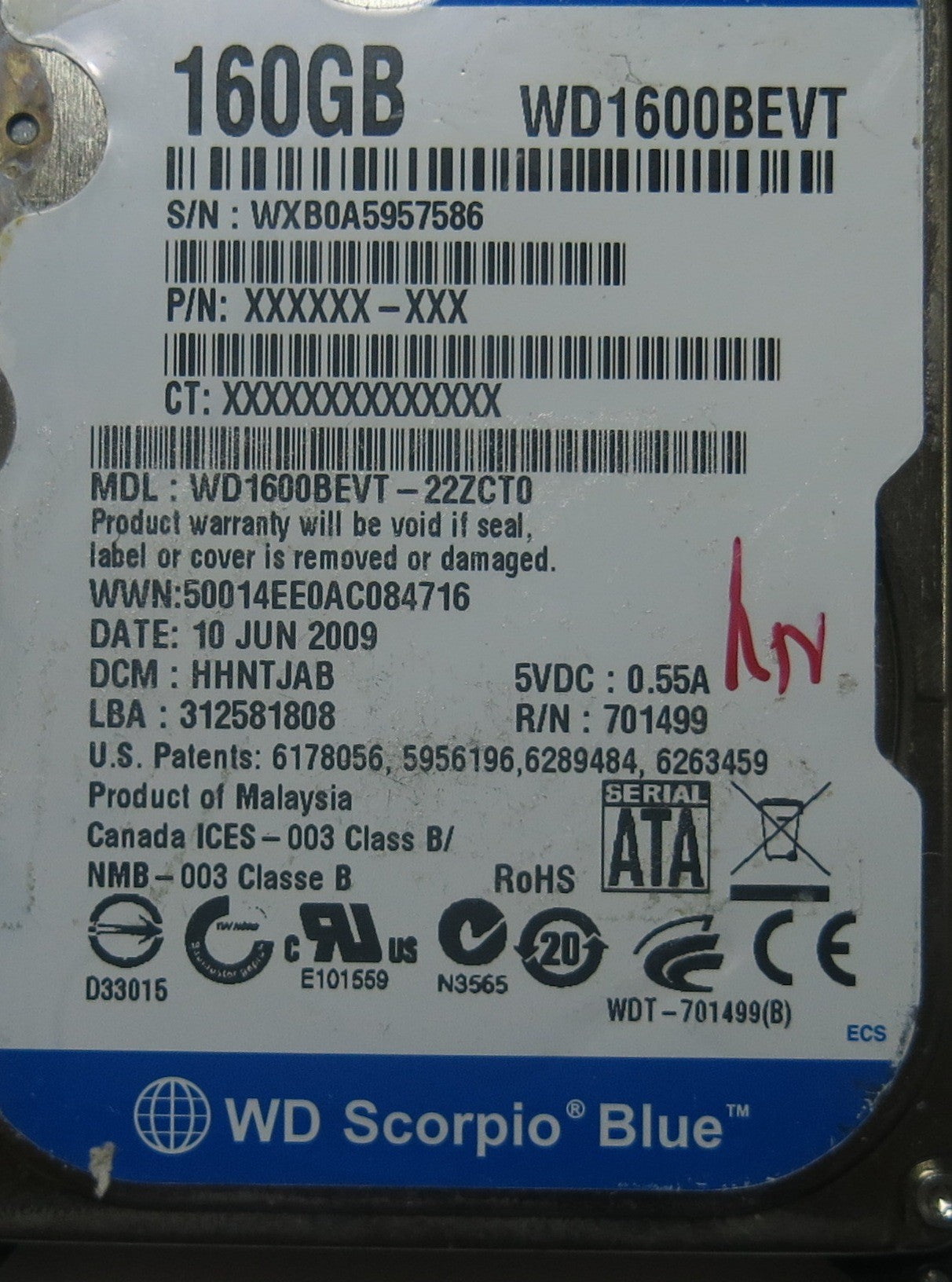 WESTERN DIGITAL WD1600BEVT-22ZCT0 2060-701499-005 REV A PCB
