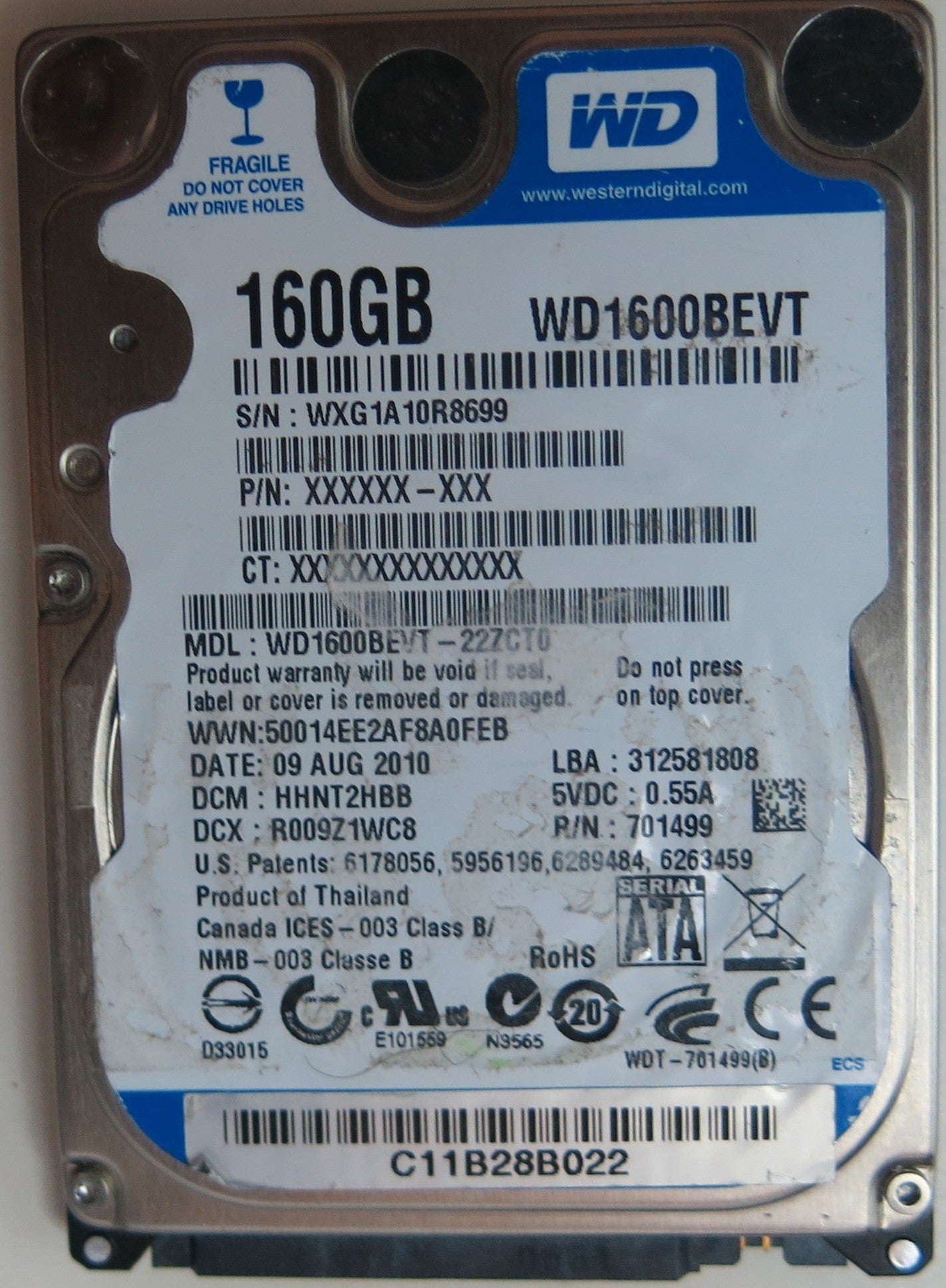WD1600BEVT-22ZCT0 PCB: 2060-701499-005 REV A SERIAL NUMBER: WXG1A10R8699 DCM HHNT2HBB 160GB