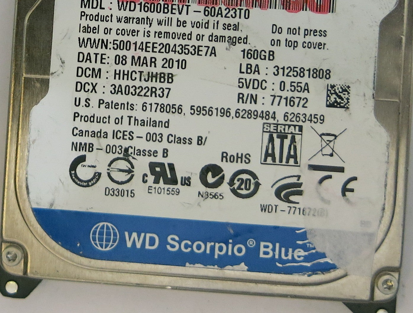 WESTERN DIGITAL WD1600BEVT-60A23T0 2060-771672-004 REV A PCB
