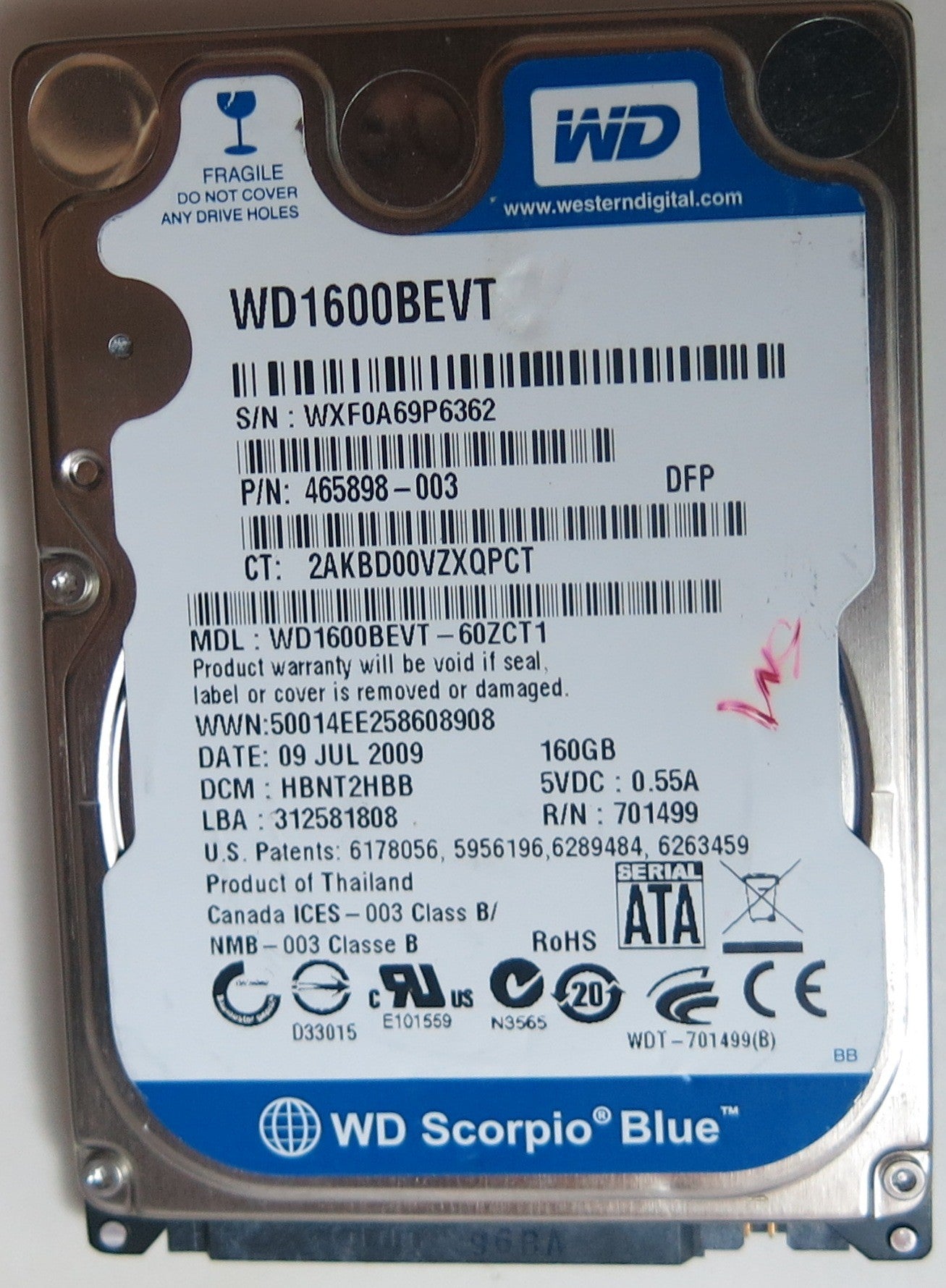 WD1600BEVT-60ZCT1 PCB: 2060-701499-005 REV P 1 SERIAL NUMBER: WXF0A69P6362 DCM HBNT2HBB  160GB