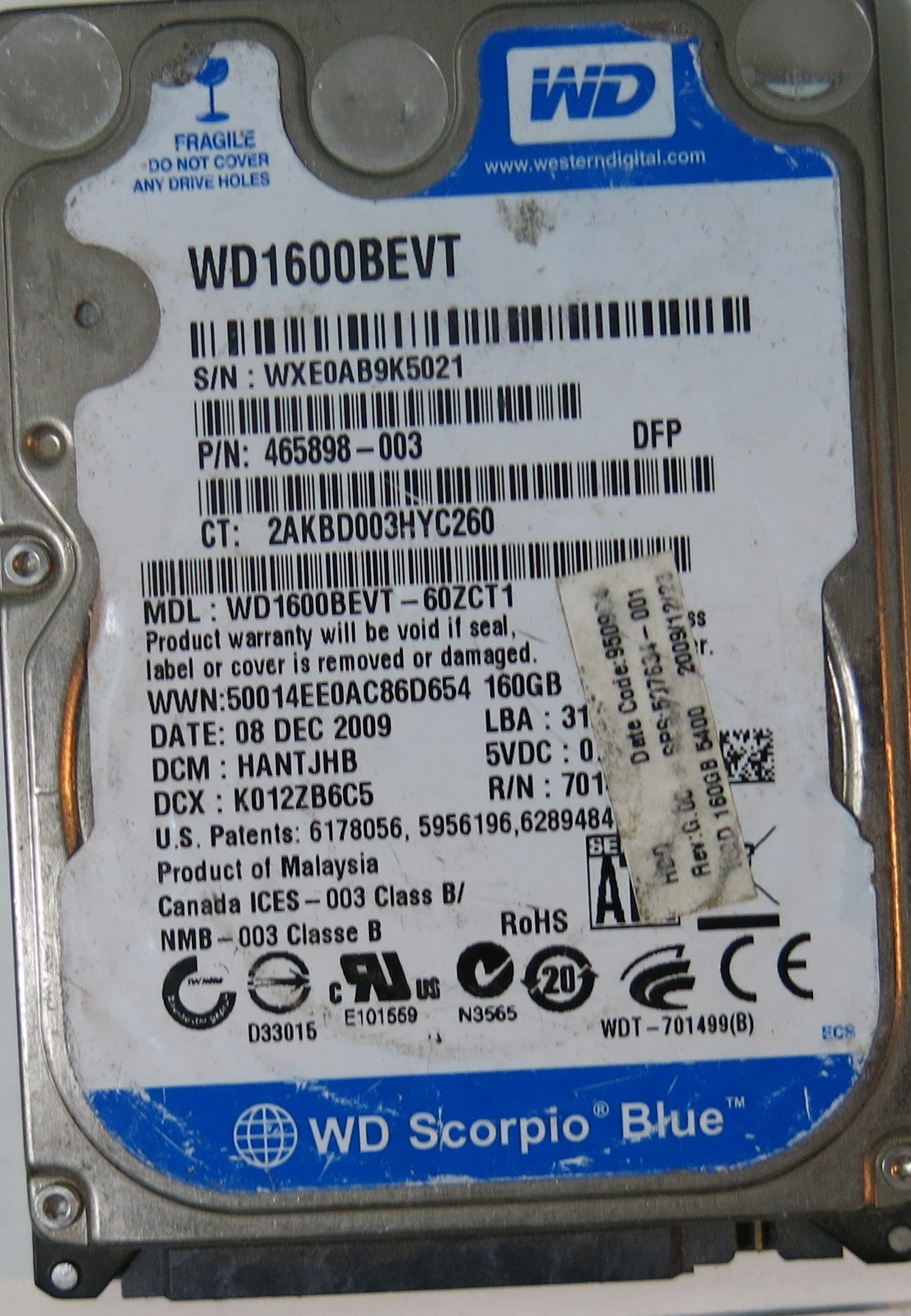WD1600BEVT-60ZCT1 PCB 2060-701499-005 REV A,  160.GB