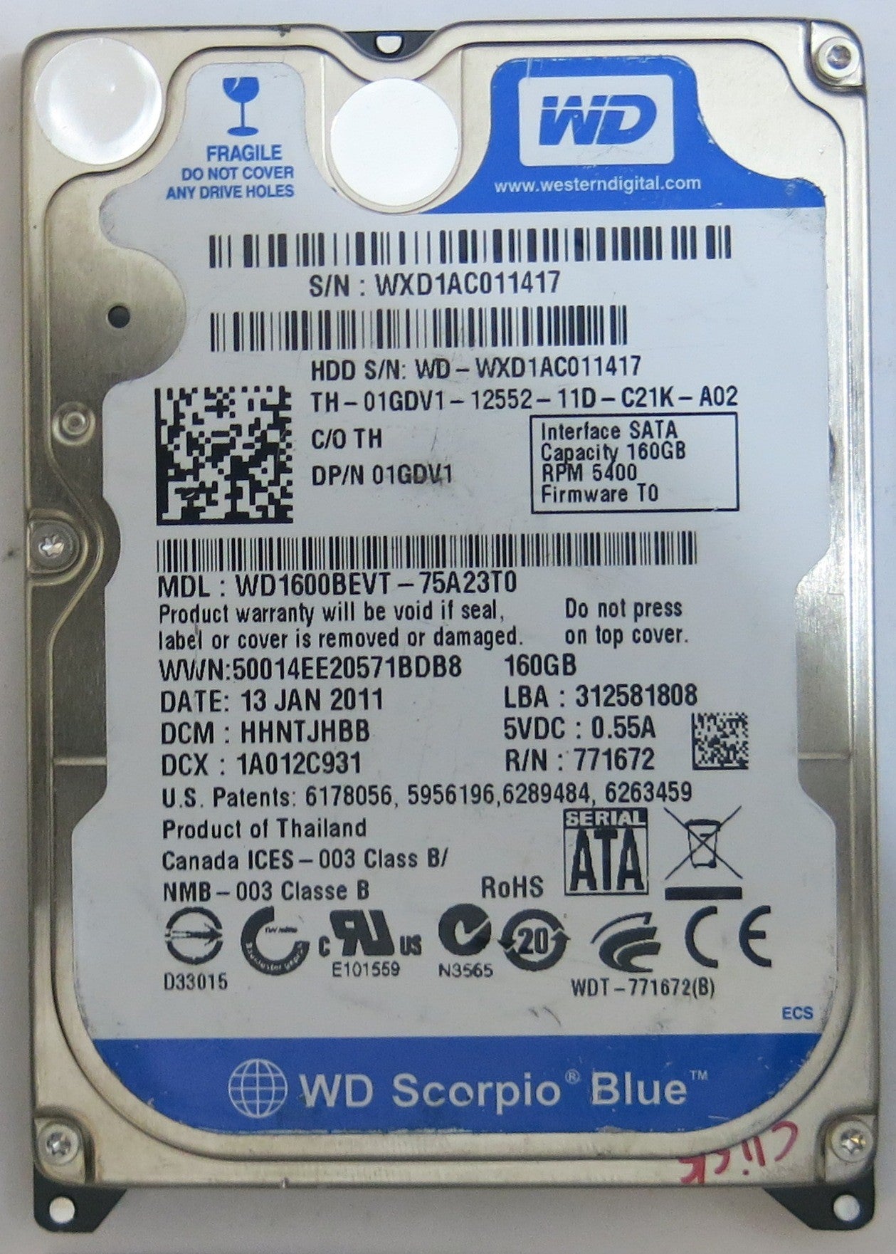 WESTERN DIGITAL WD1600BEVT-75A23T0 2060-771672 004-REV A PCB