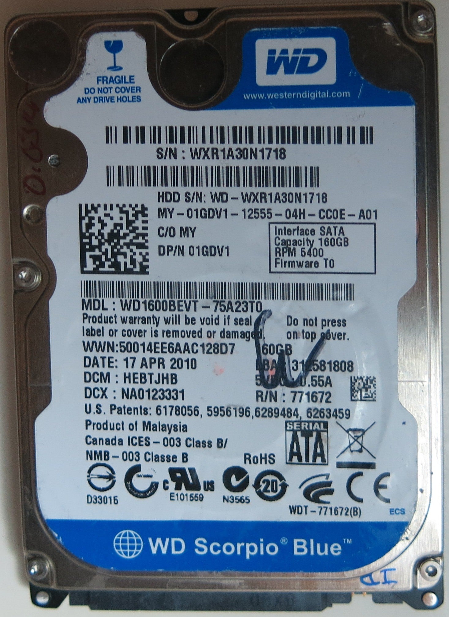 WD1600BEVT-75A23T0 PCB: 2060-771672-004 REV A SERIAL NUMBER: WXR1A30N1718 DCM HEBTJHB 160GB