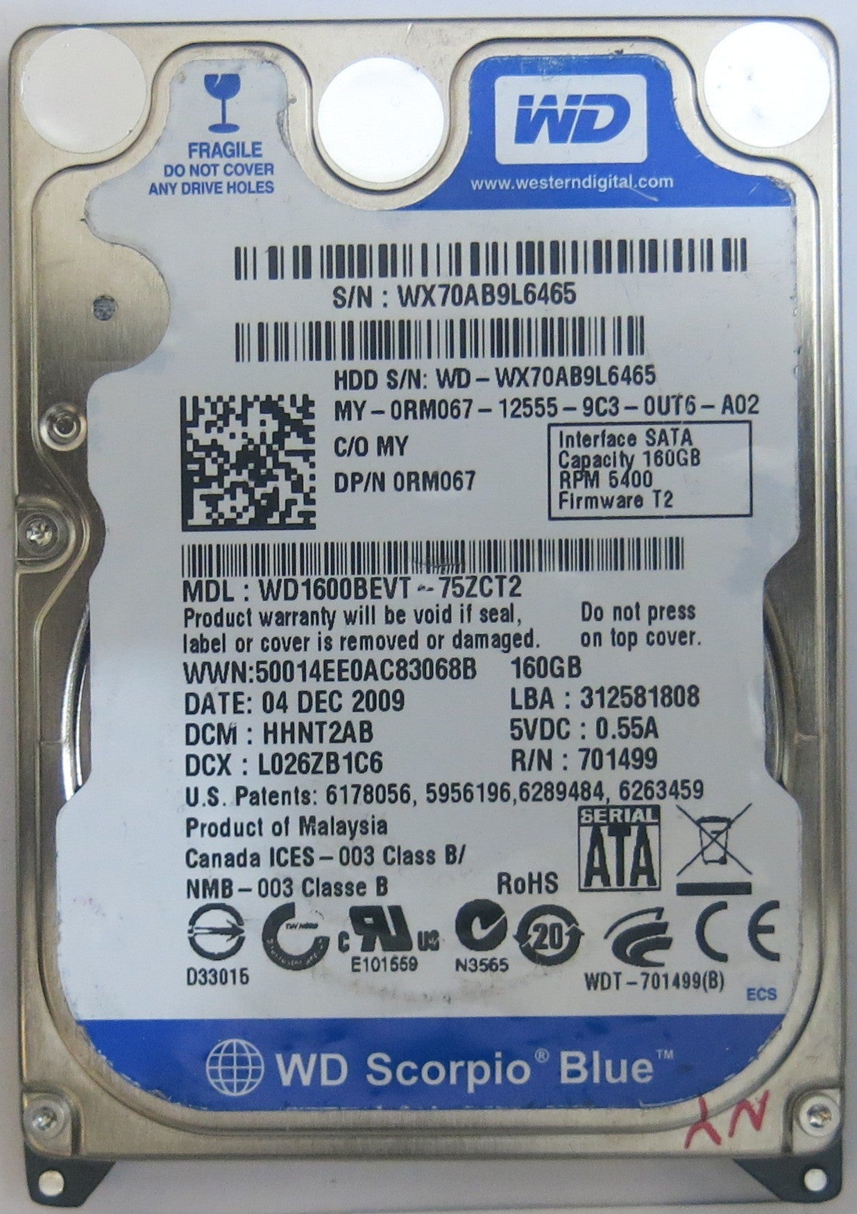 WESTERN DIGITAL WD1600BEVT-75ZCT2 2060-701499-005 REV A PCB