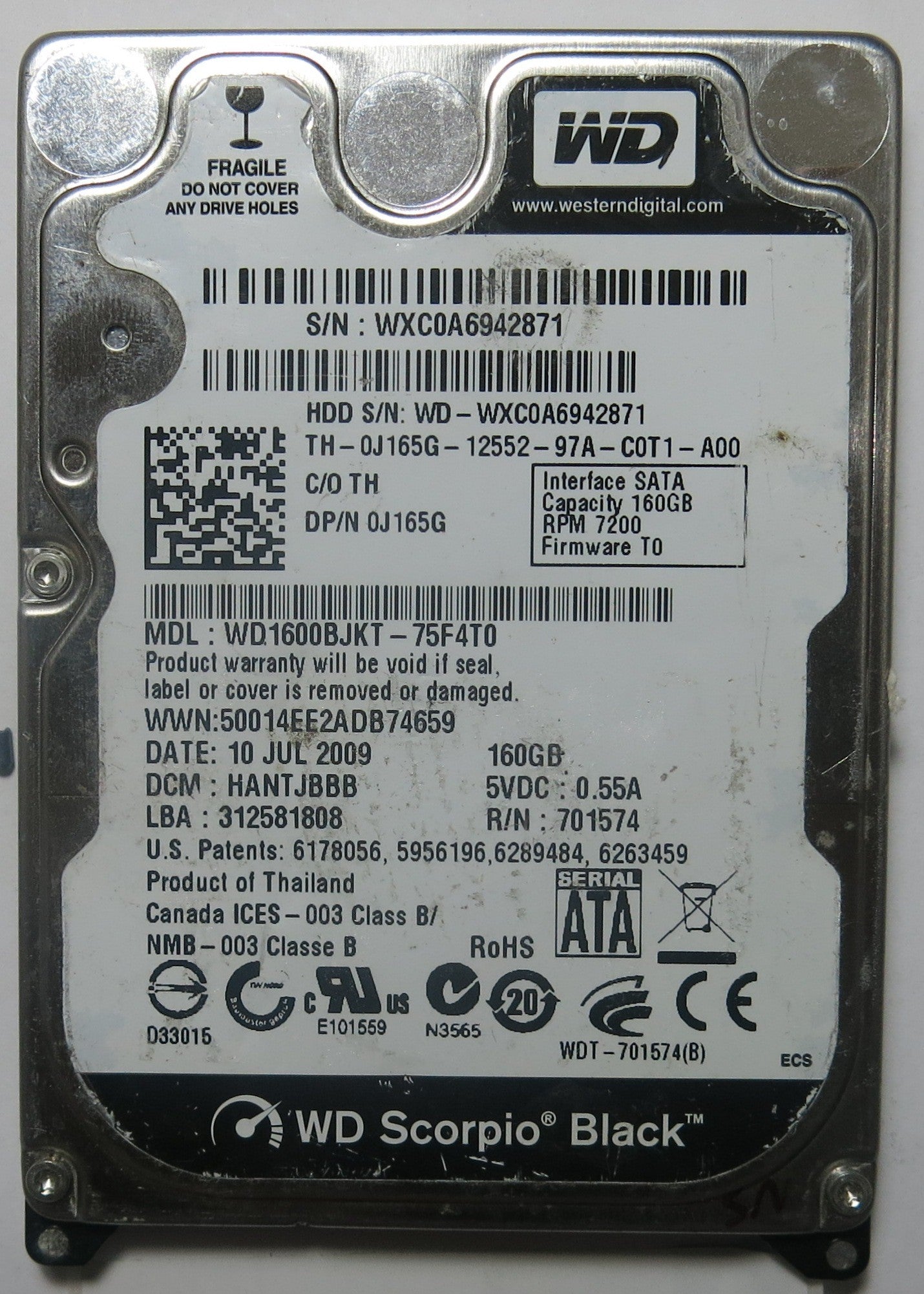 WESTERN DIGITAL WD1600BJKT-75F4T0 2060-701574-001 REV A PCB