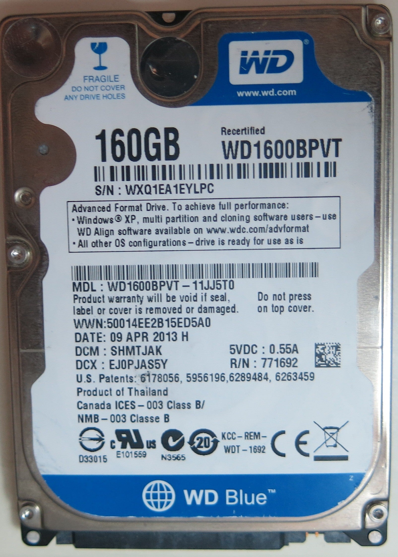 WESTERN DIGITAL WD1600BPVT-11JJ5T0 DCM SHMTJAK 160GB