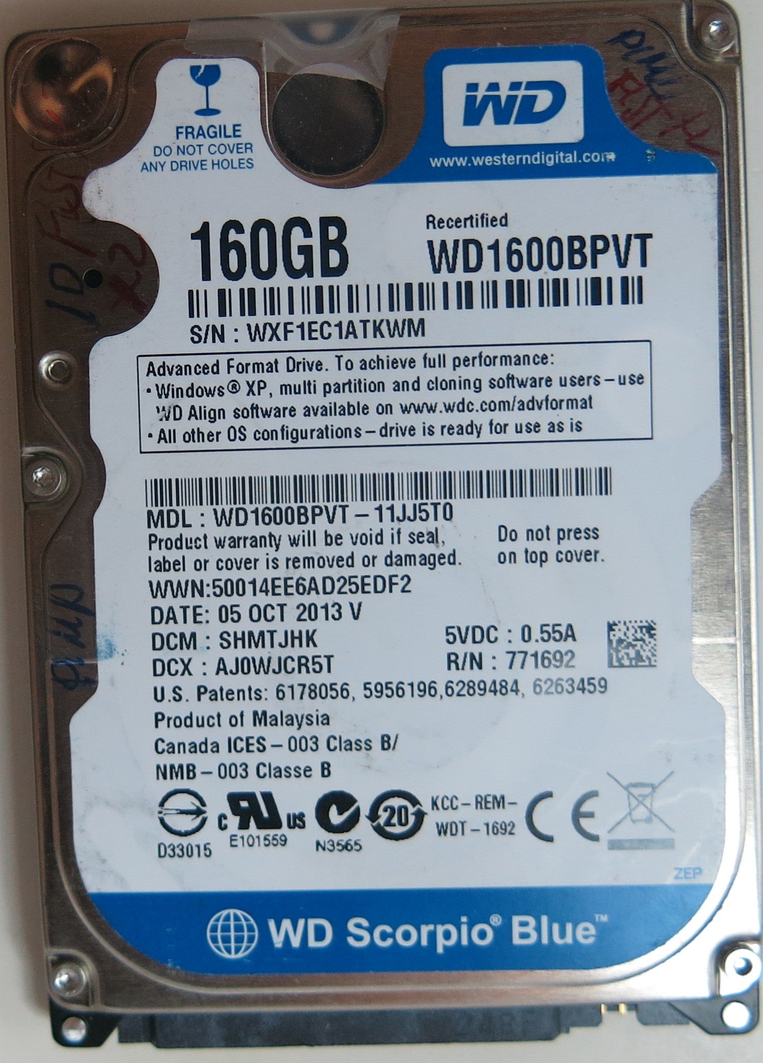 WD1600BPVT-11JJ5T0 PCB: 2060-771820-000 REV A SERIAL NUMBER: WXF1EC1ATKWM DCM SHMTJHK 160GB