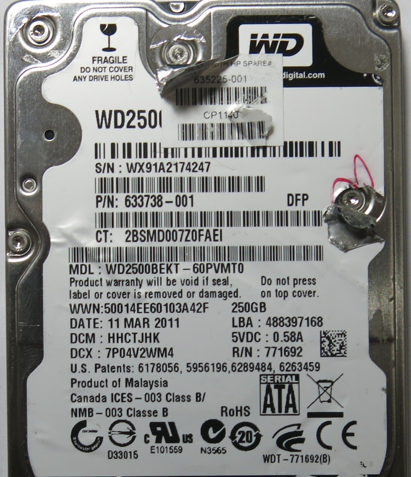 WESTERN DIGITAL WD2500BEKT-60PVMT0 2060-771692-005 PCB