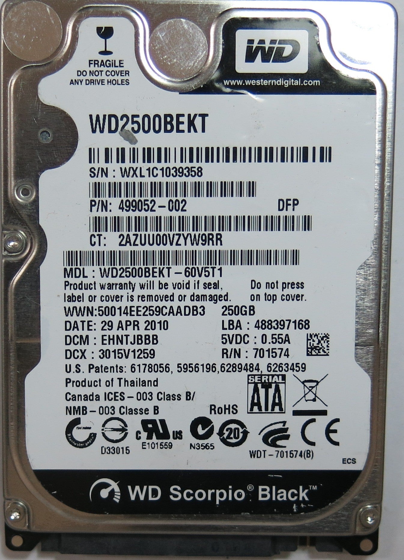 WD2500BEKT'60V5T1, PCB: 2060-771574-001 REV P1 , SERIAL WXL1C1039358, FW: EHNTJBBB 250,GB