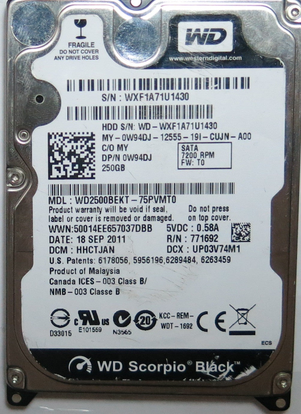 WESTERN DIGITAL WD2500BEKT'75PVMT0,  PCB