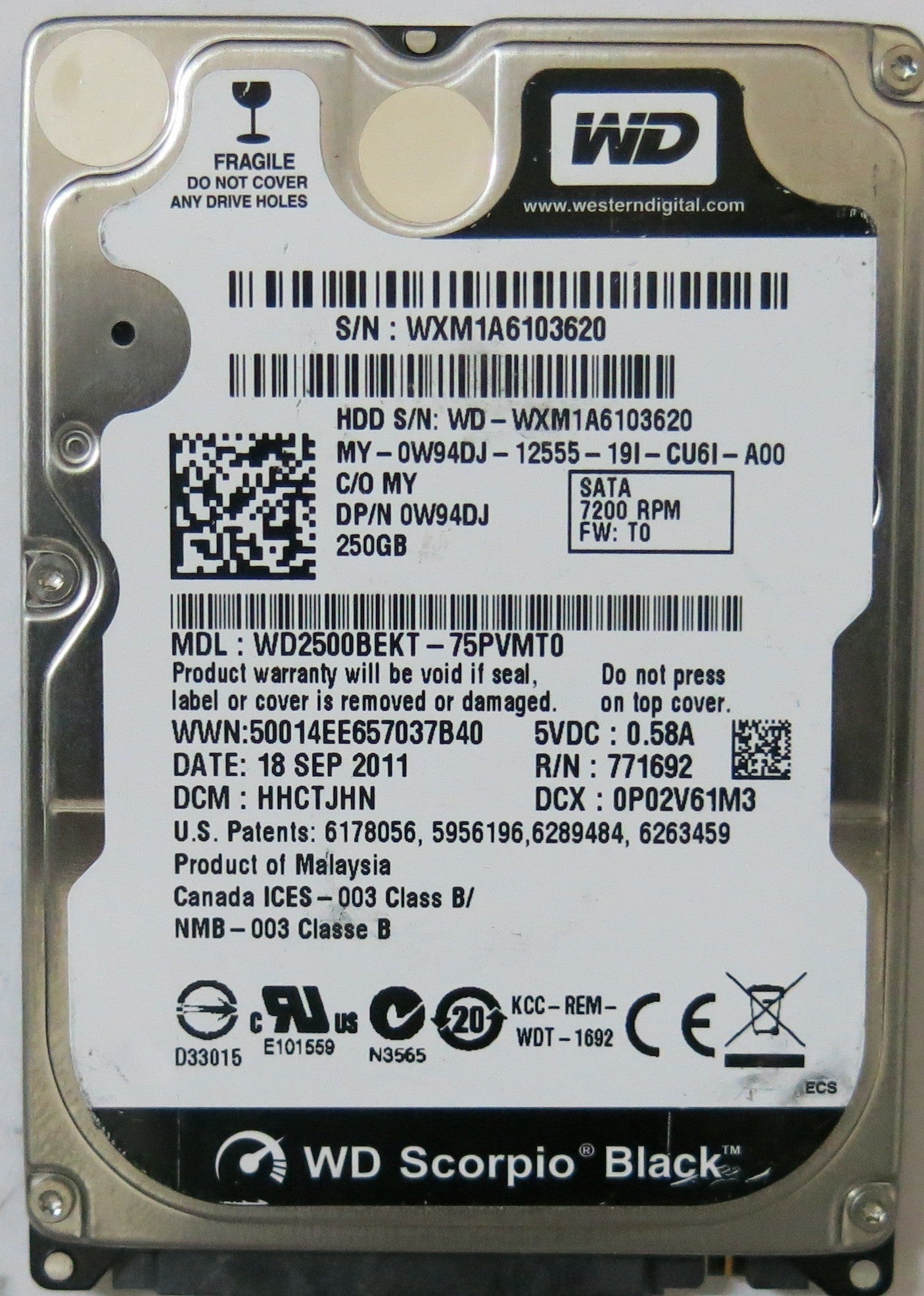 WD2500BEKT-75PVMT0, PCB: 2060-771692-006 REV P1, SERIAL NUMBER: WXM1A6103620, 250-GB,