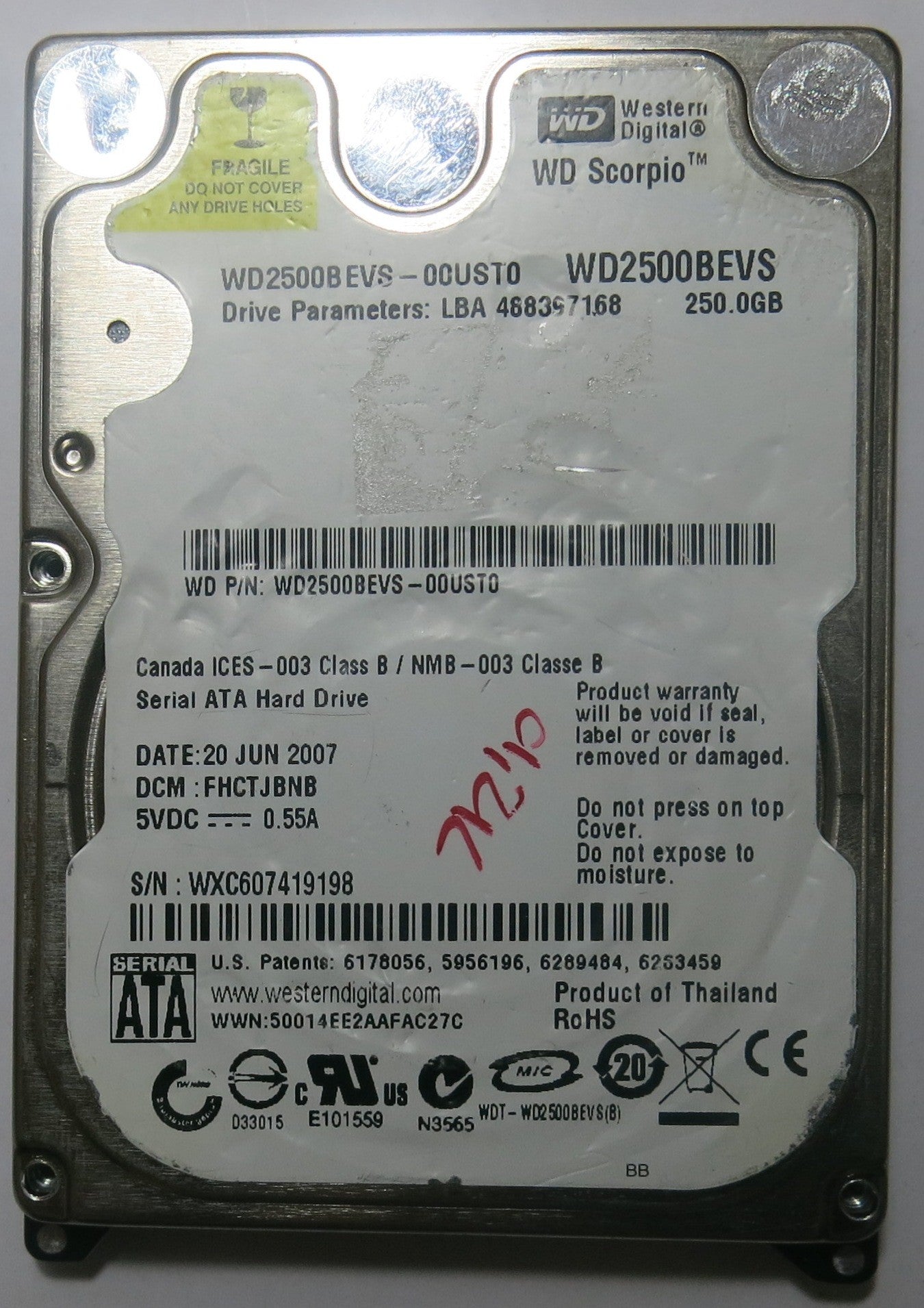 WESTERN DIGITAL WD2500BEVS-00UST0 2060-701499-000 REV P1 PCB