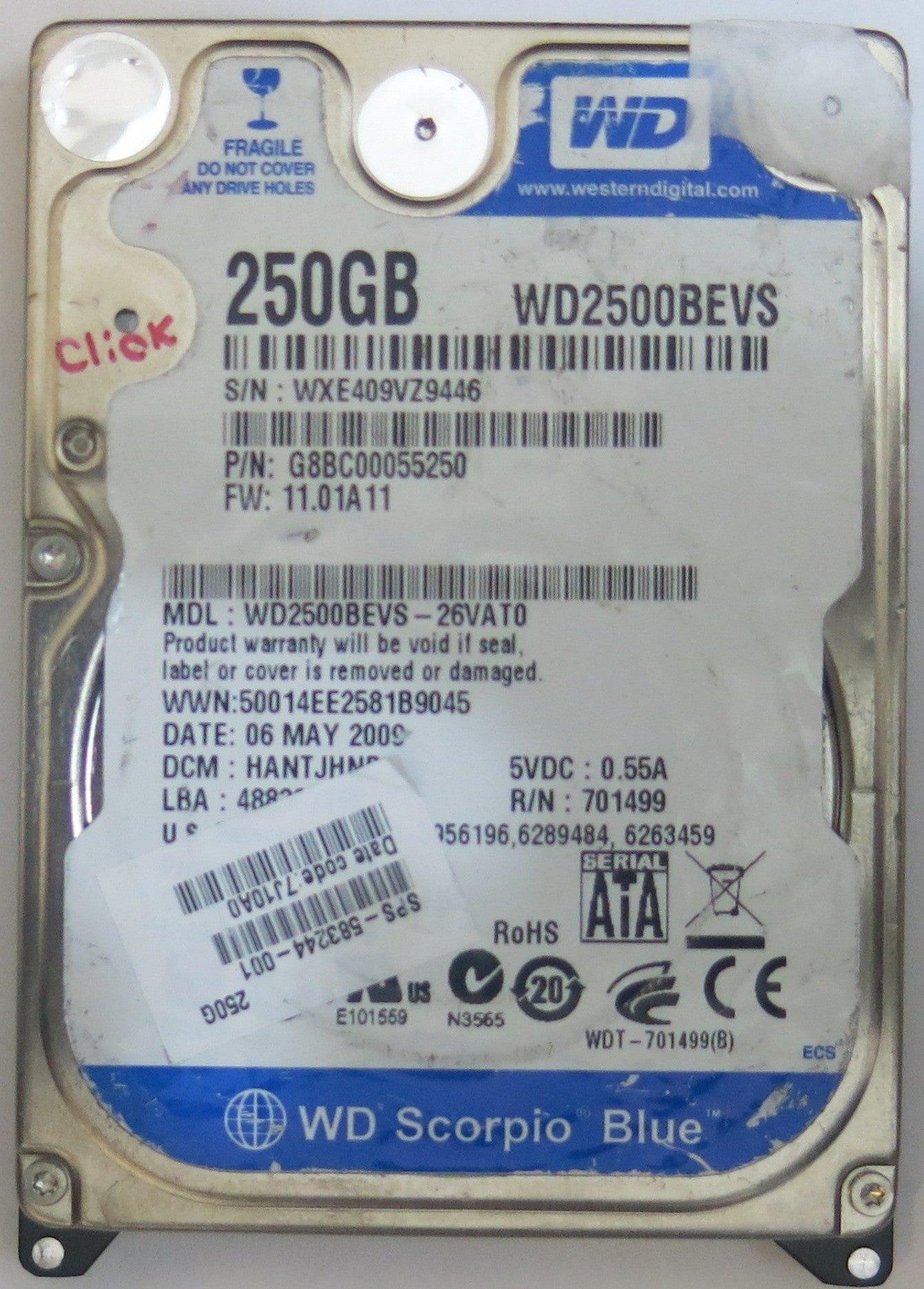 WESTERN DIGITAL WD2500BEVS-26VAT0 2060-701499-000 RE A PCB