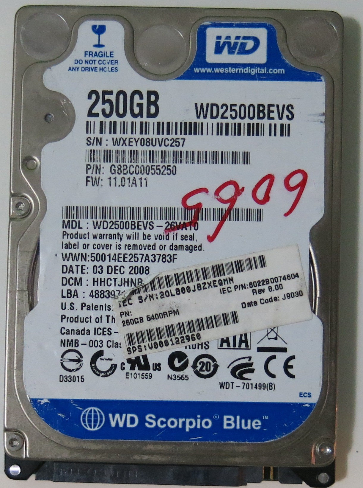 WD2500BEVS-26VAT0, PCB: 2060-701499-00 REV A, SERIAL: WXEY08UVC257, DCM HHCTJHB, FW HHCTJHB, 250.gb,