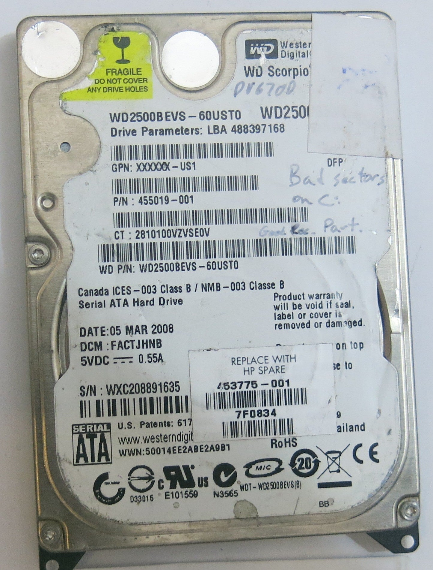 WESTERN DIGITAL WD2500BEVS-60UST0 2060-701499-000 REV A PCB