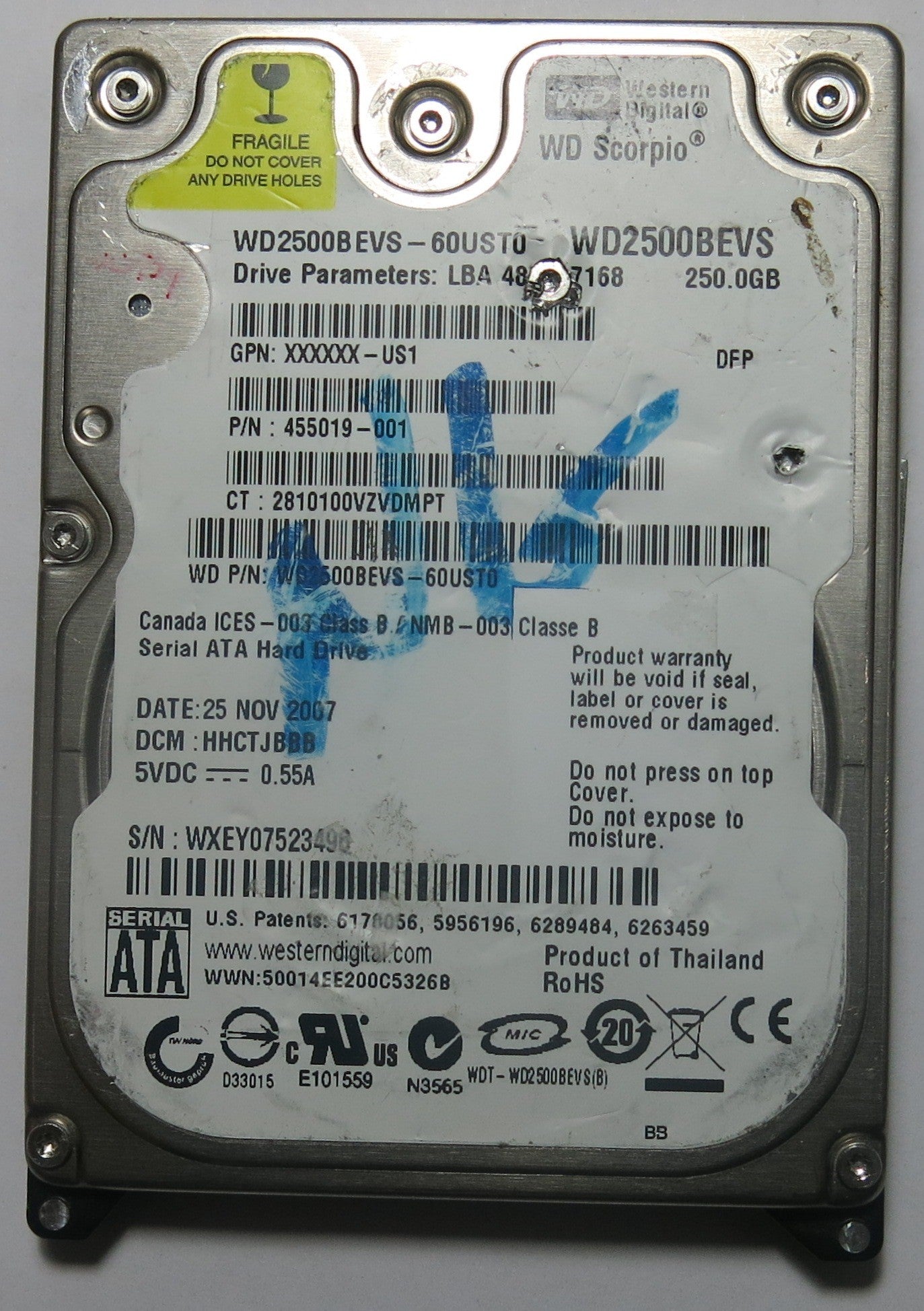 WESTERN DIGITAL WD2500BEVS-60UST0 2060-701499-000 REV A PCB