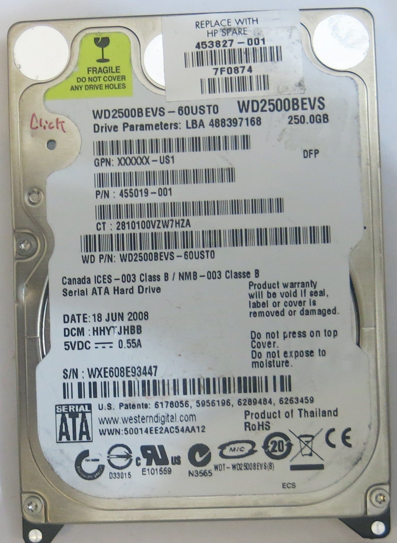 WESTERN DIGITAL WD2500BEVS-60UST0 2060-701499-000 REV A PCB