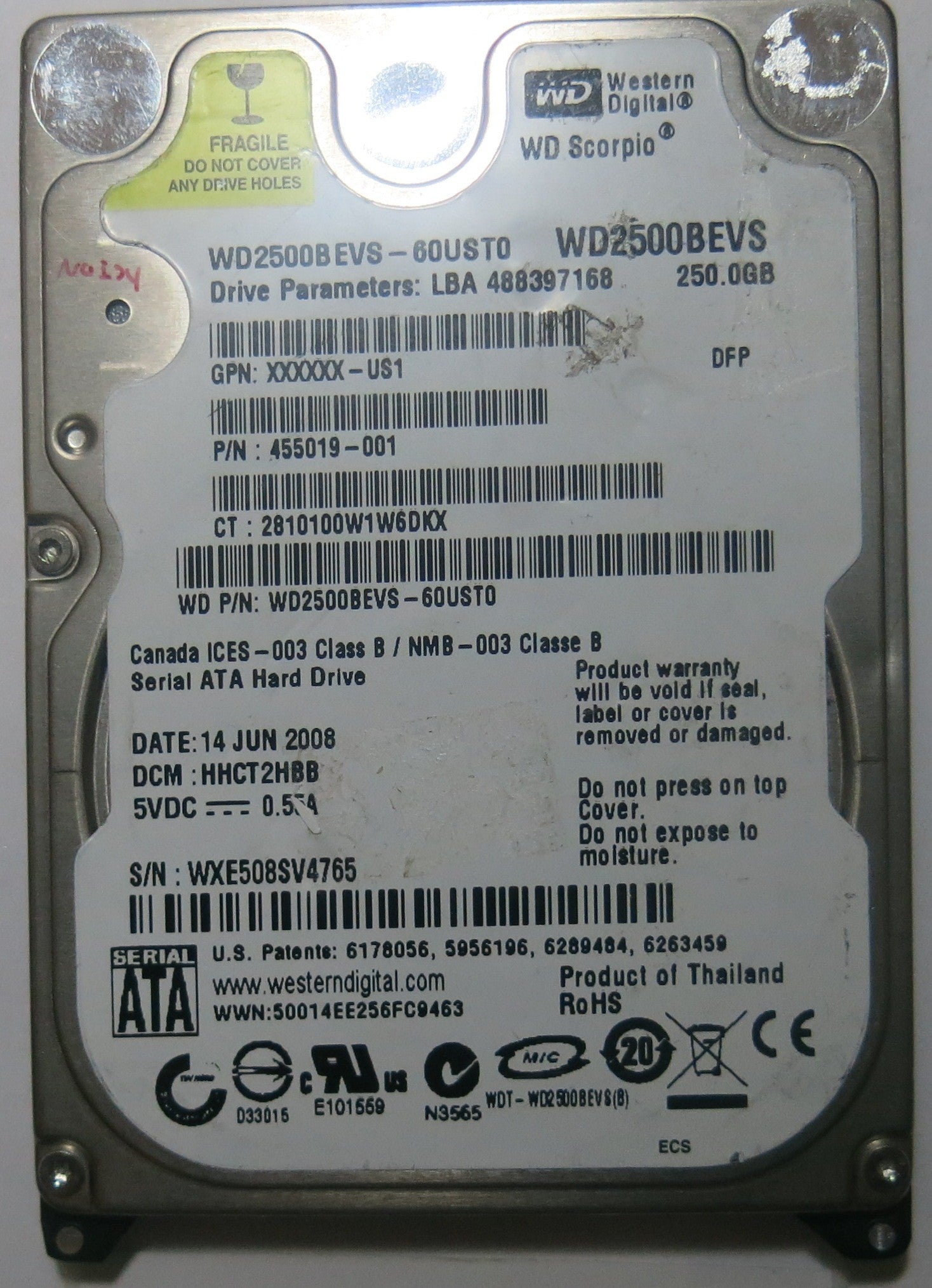WESTERN DIGITAL WD2500BEVS-60UST0 2060-701499-000 REV A PCB