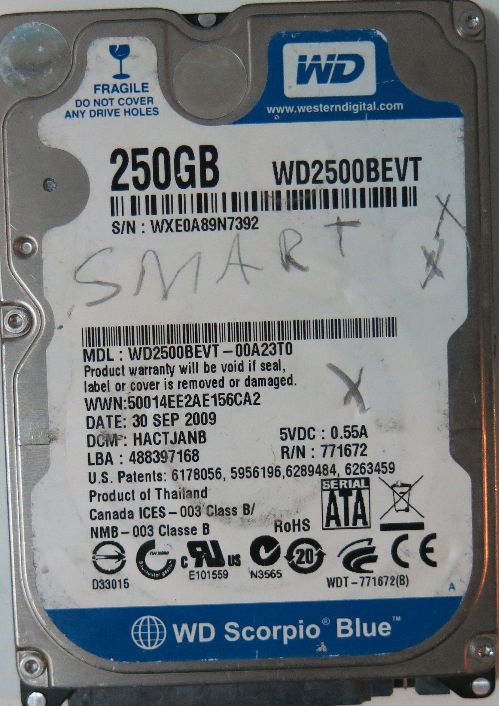 WD2500BEVT-00A23T0 PCB 2060-771672-001 REV P1,  250.GB