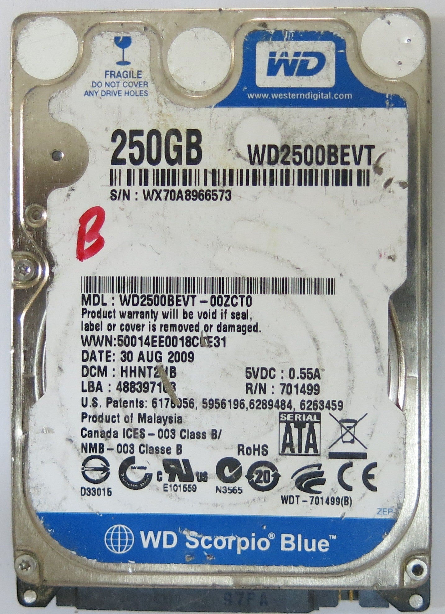 WESTERN DIGITAL WD2500BEVT-00ZCT0 2060-701499-005 REV A PCB