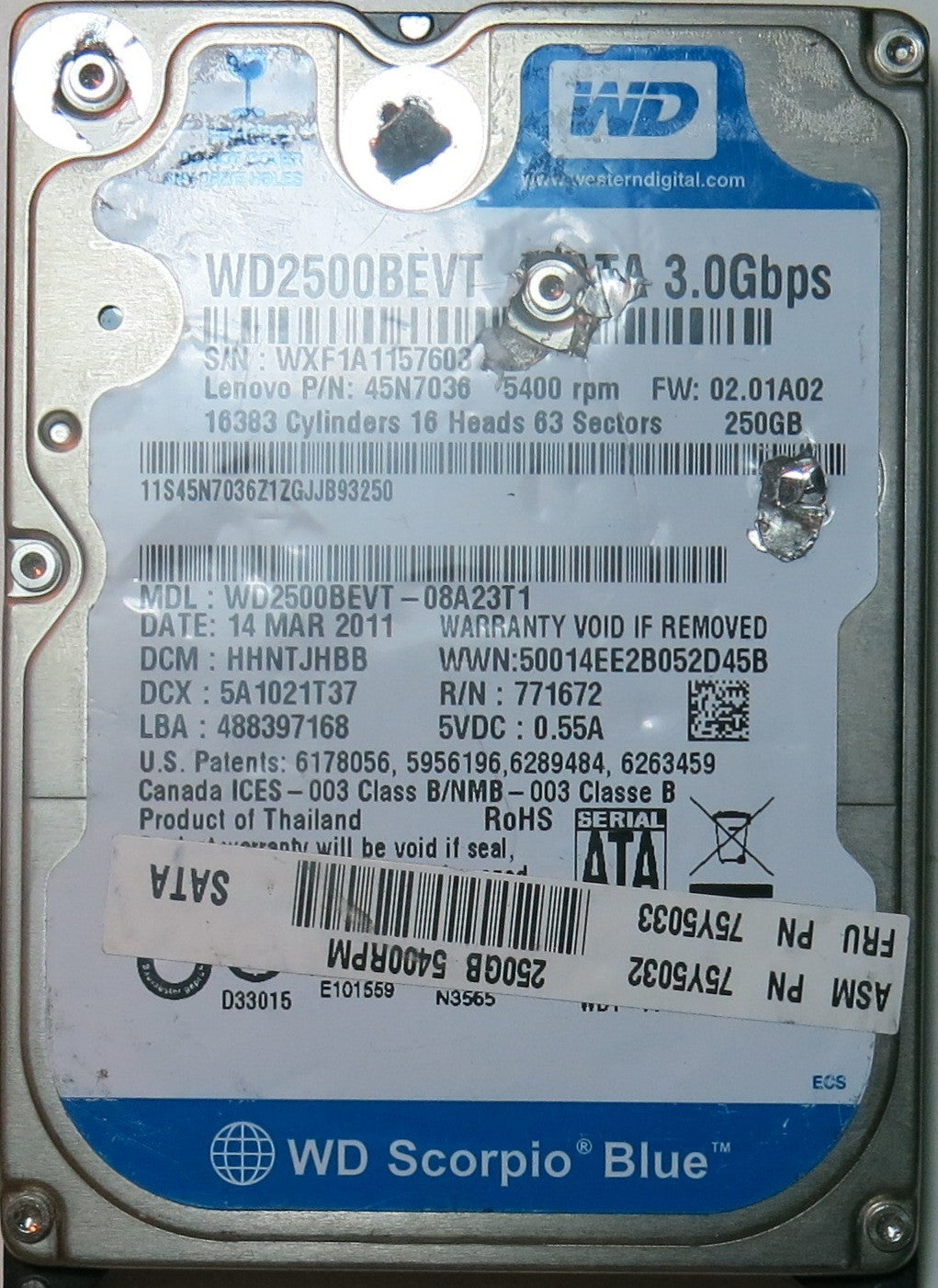 WESTERN DIGITAL WD2500BEVT-08A23T1,  PCB