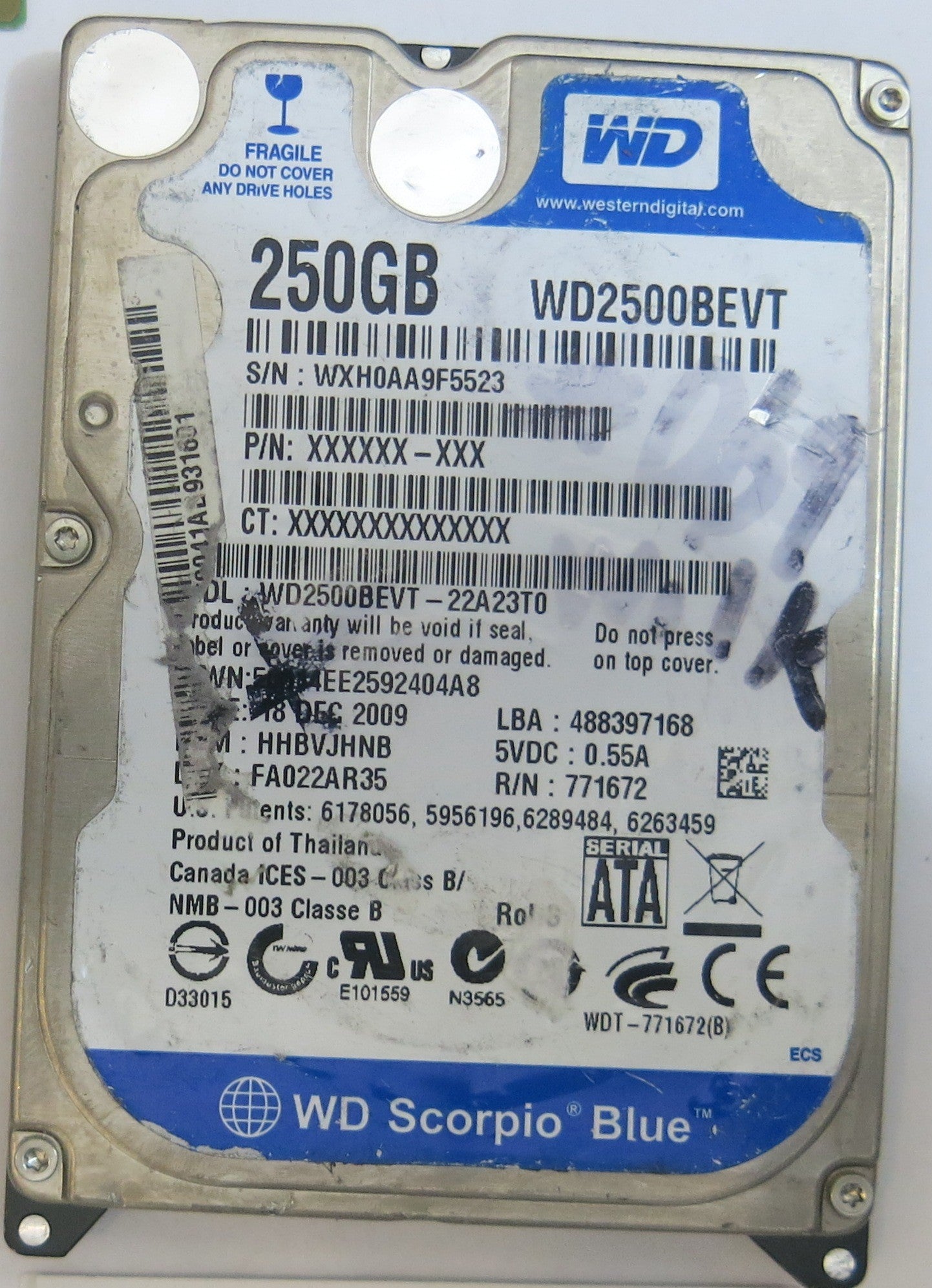 WESTERN DIGITAL WD2500BEVT-22A23T0 2060-771672-001 REV P1 PCB
