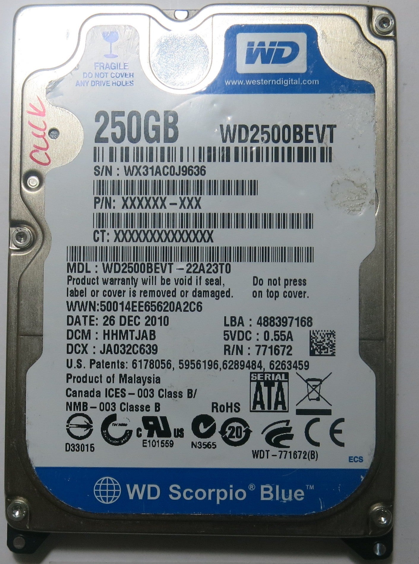 WESTERN DIGITAL WD2500BEVT-22A23T0 2060-771672-004 REV A PCB