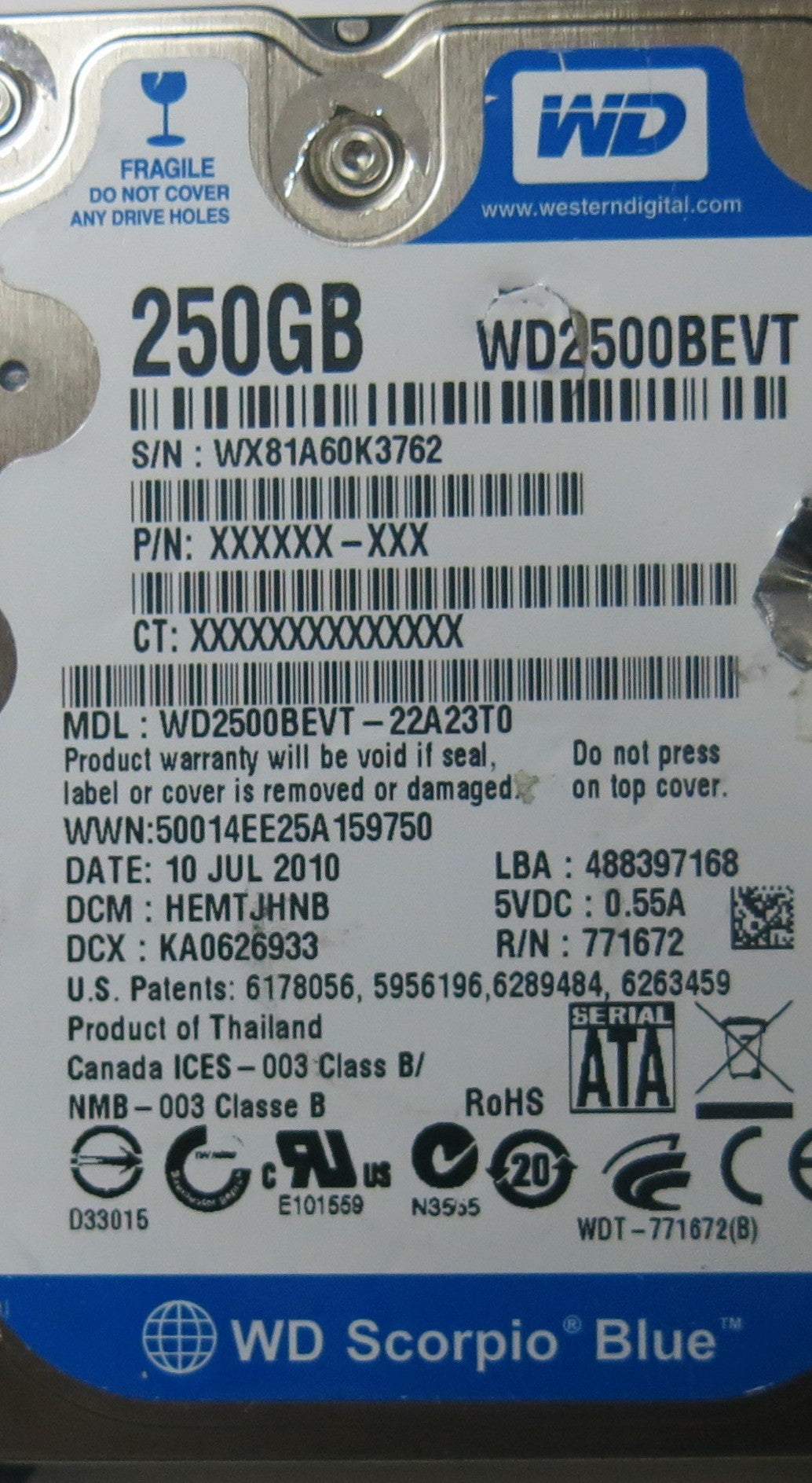 WESTERN DIGITAL WD2500BEVT-22A23T0 2060-771672-004 REV A PCB