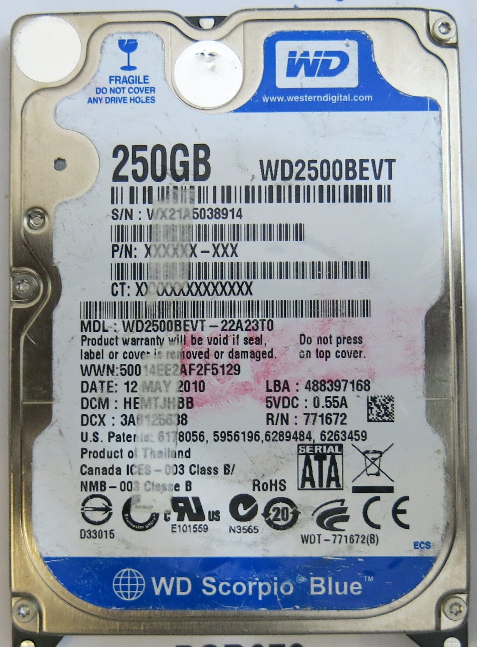 WESTERN DIGITAL WD2500BEVT-22A23T0  2060-771672-004 REV A PCB