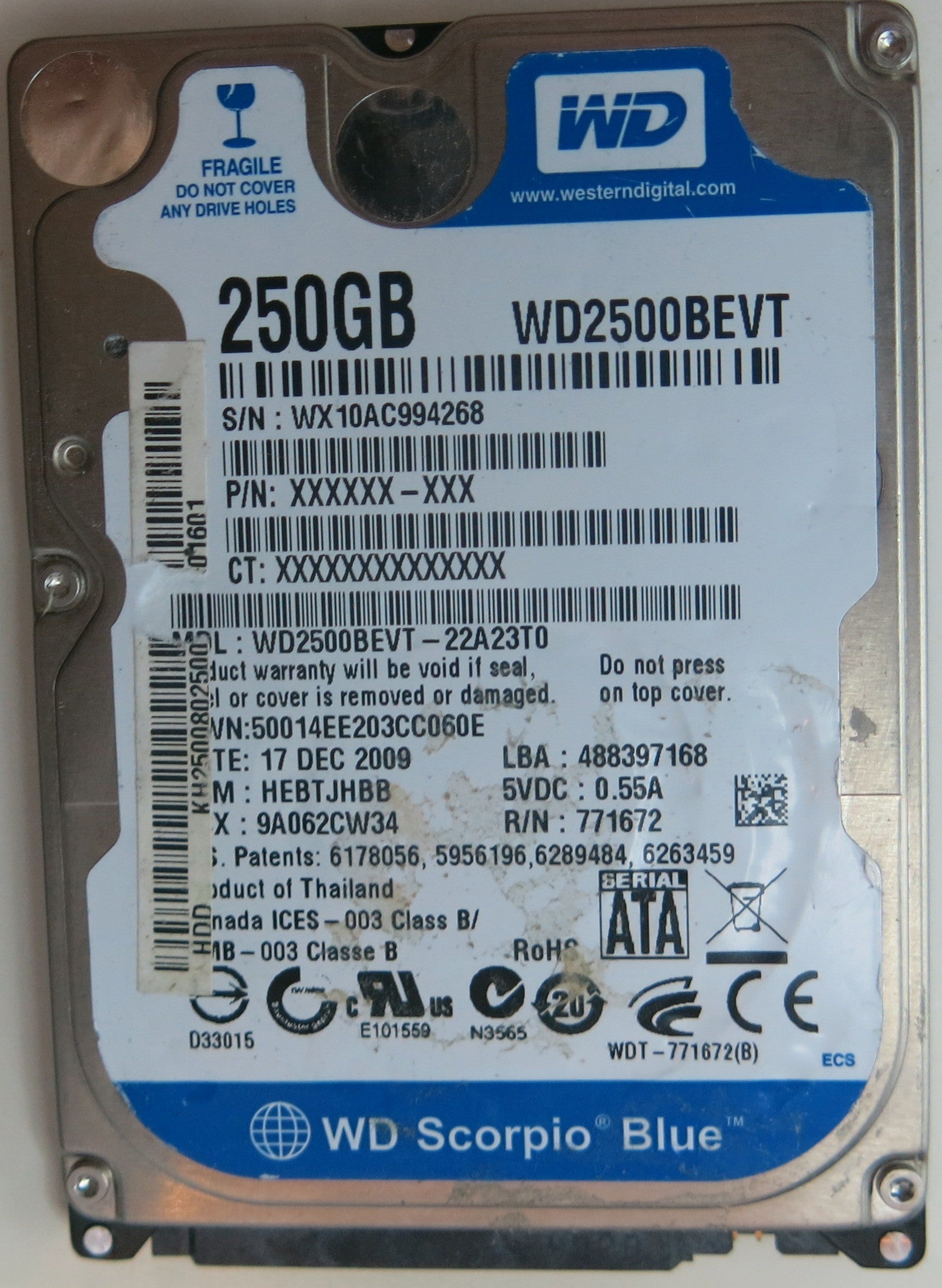 WD2500BEVT-22A23T0 PCB:  2060-771672-001 REV P1 SERIAL NUMBER: WX10AC994268 DCM HEBTJHBB 250GB